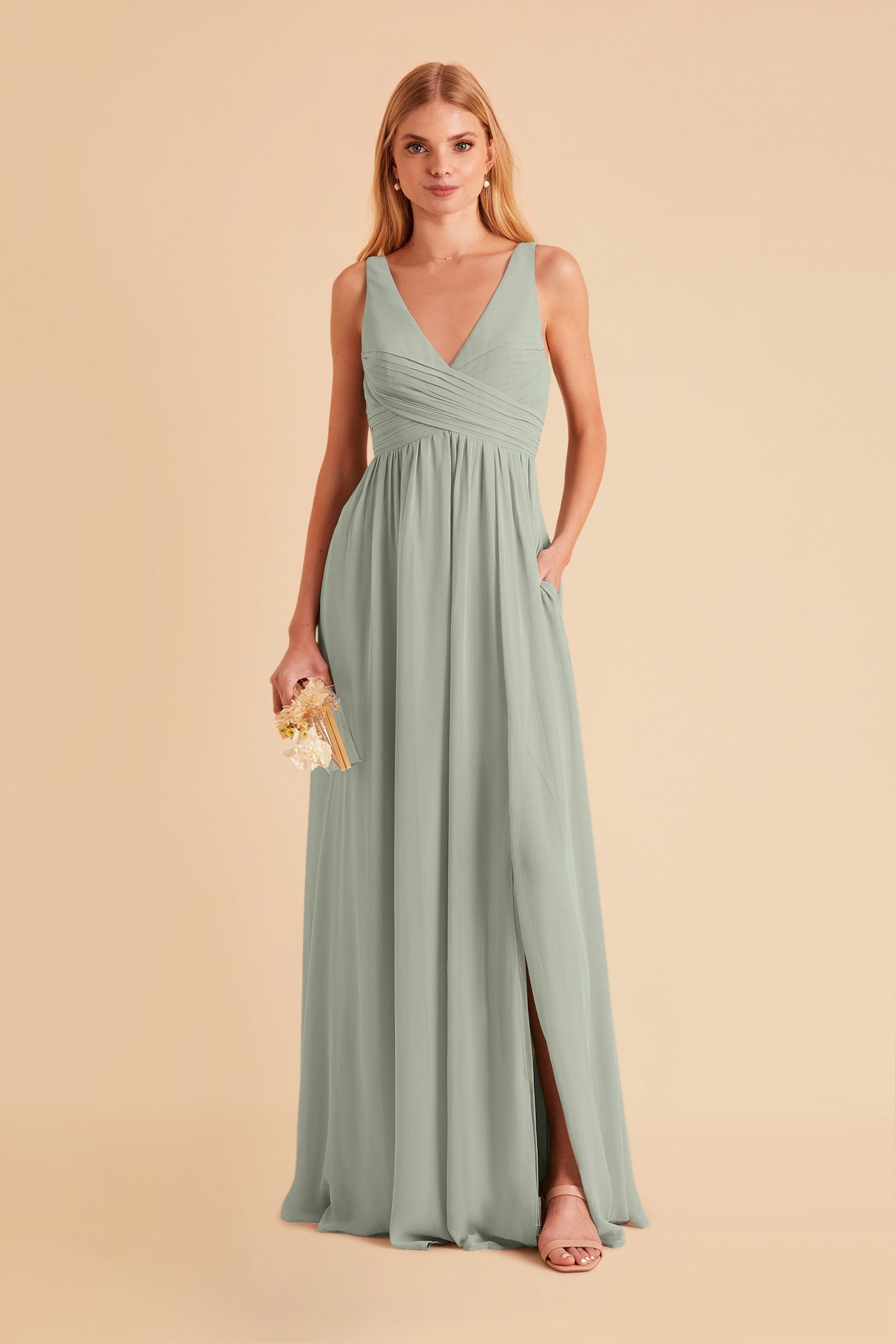 Laurie Empire maternity bridesmaid dress with slit in sage chiffon by Birdy Grey, front view