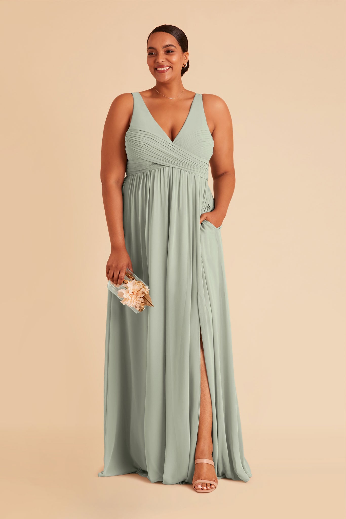 Laurie Empire plus size maternity bridesmaid dress with slit in sage chiffon by Birdy Grey, front view
