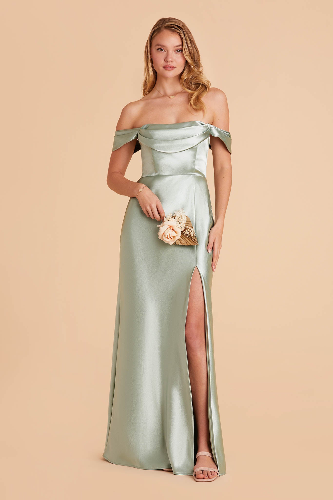 sage green satin bridesmaid dress with pleated cowl neck