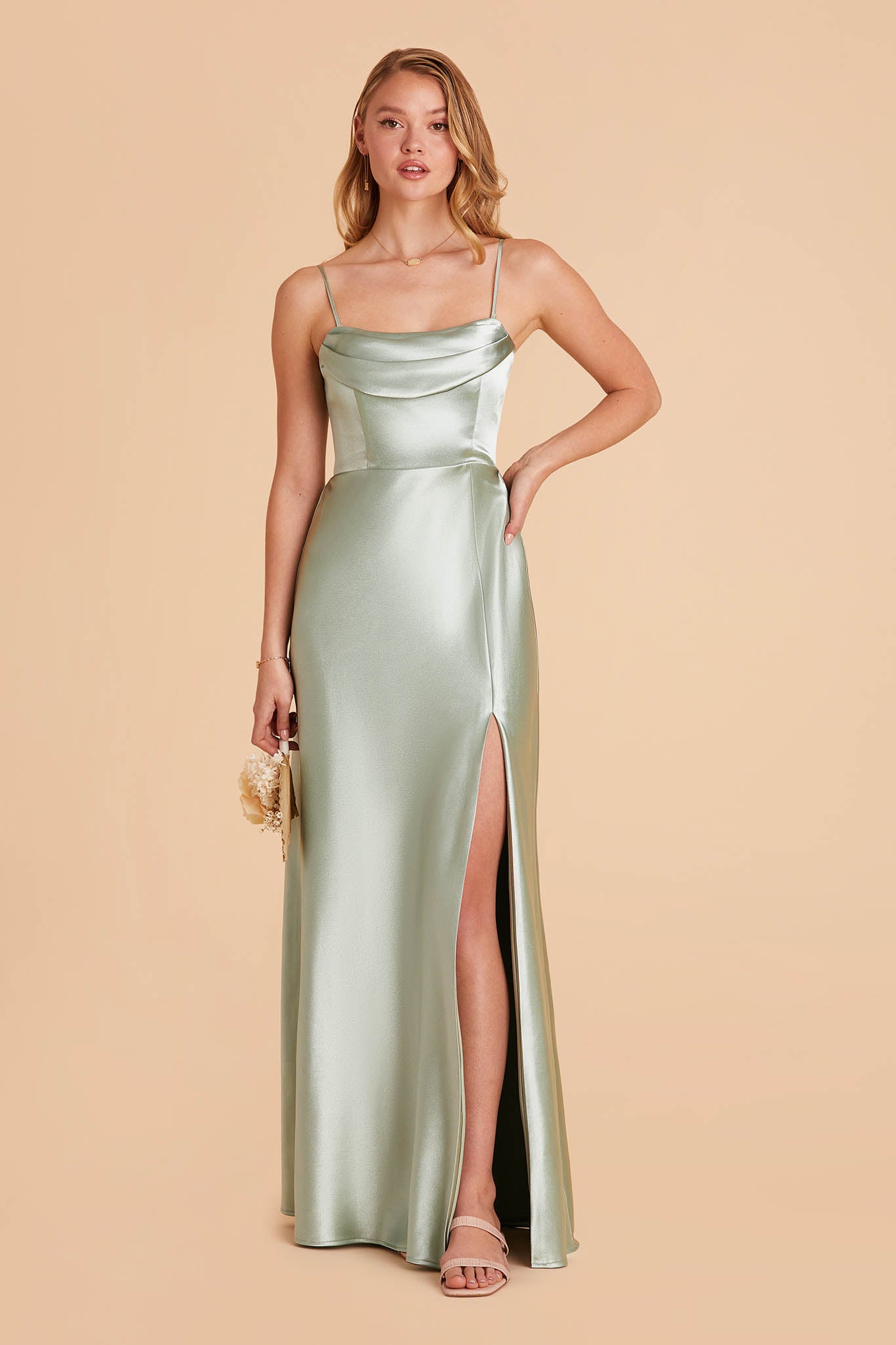 sage green satin bridesmaid dress with pleated cowl neck