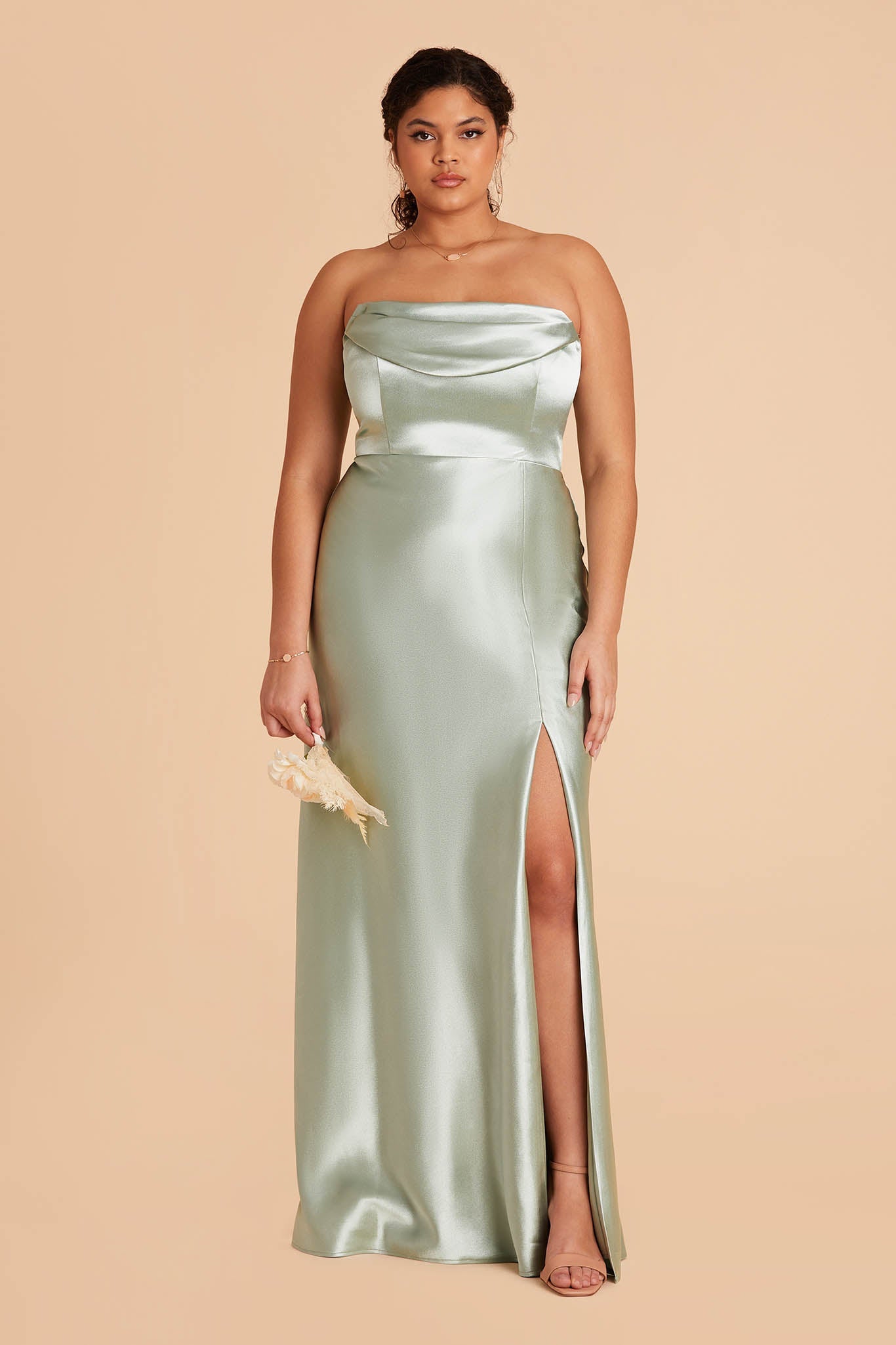 plus size sage light green satin bridesmaid dress with pleated cowl neck