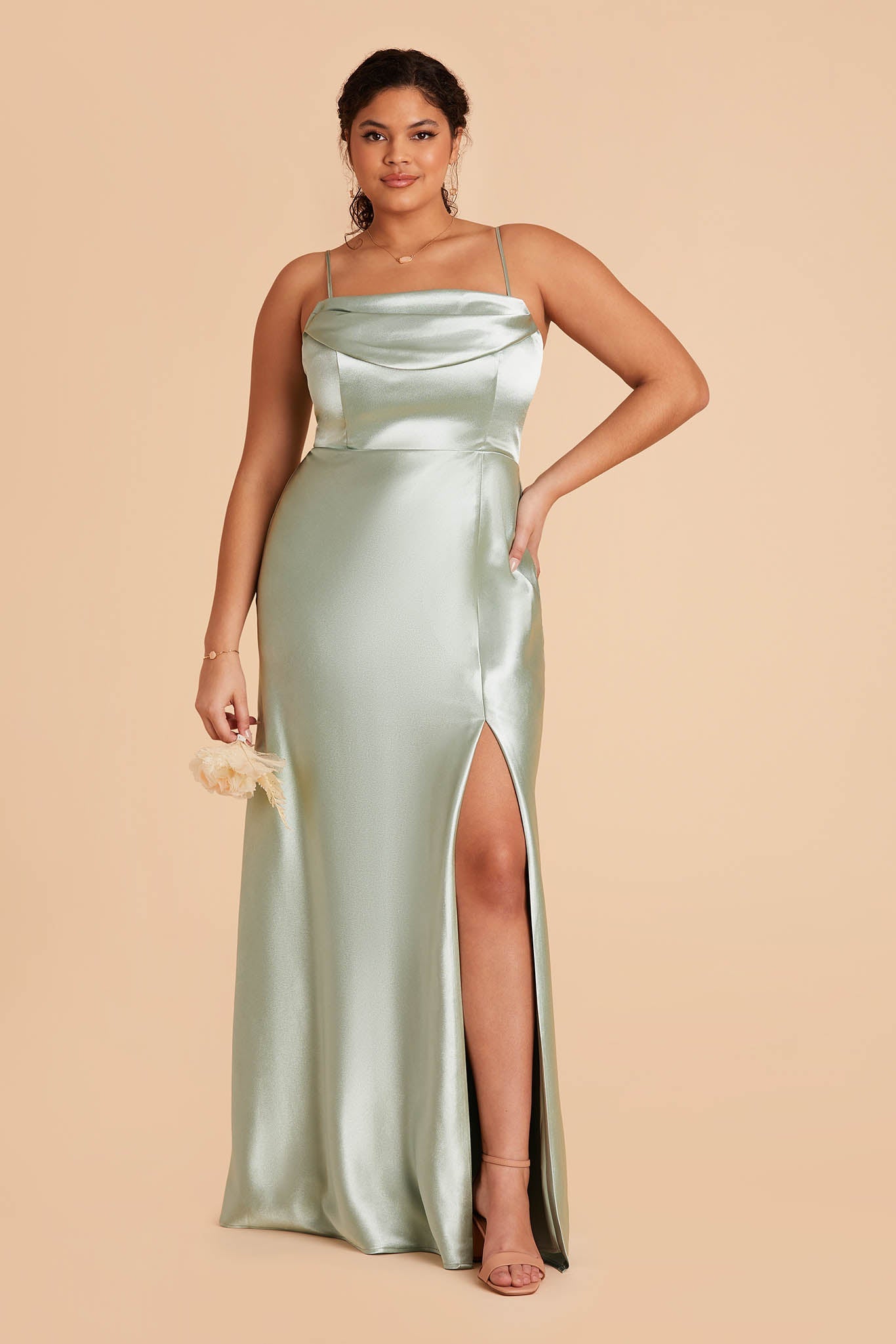 plus size sage light green satin bridesmaid dress with pleated cowl neck
