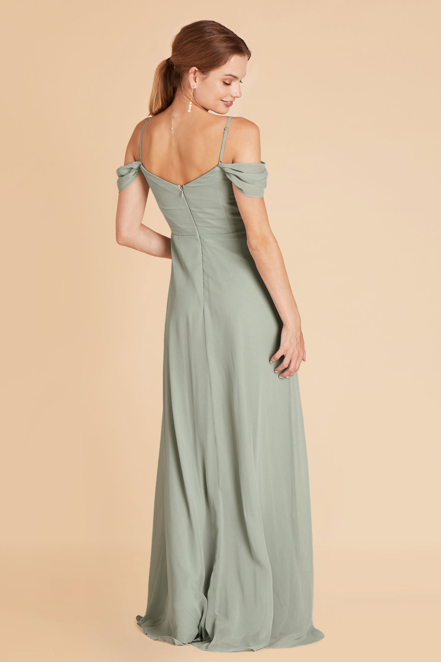 Spence convertible bridesmaid dress in sage green chiffon by Birdy Grey, back view