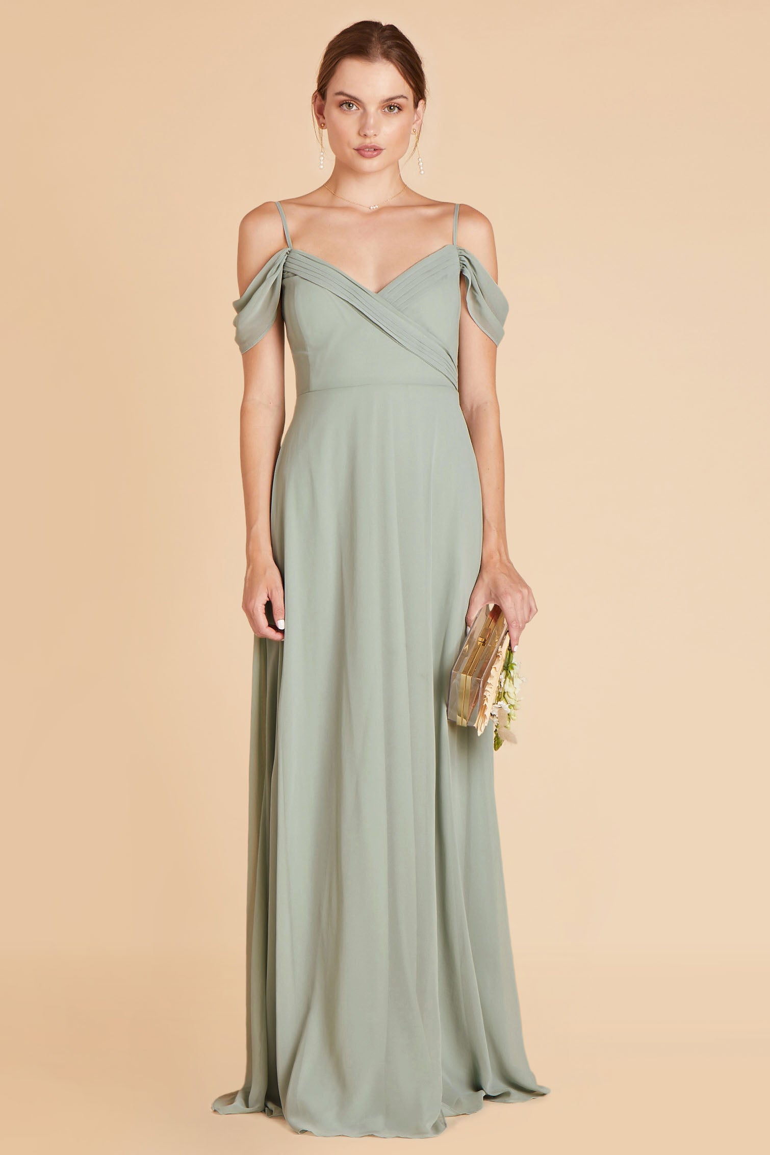 Spence convertible bridesmaid dress in sage green chiffon by Birdy Grey, front view
