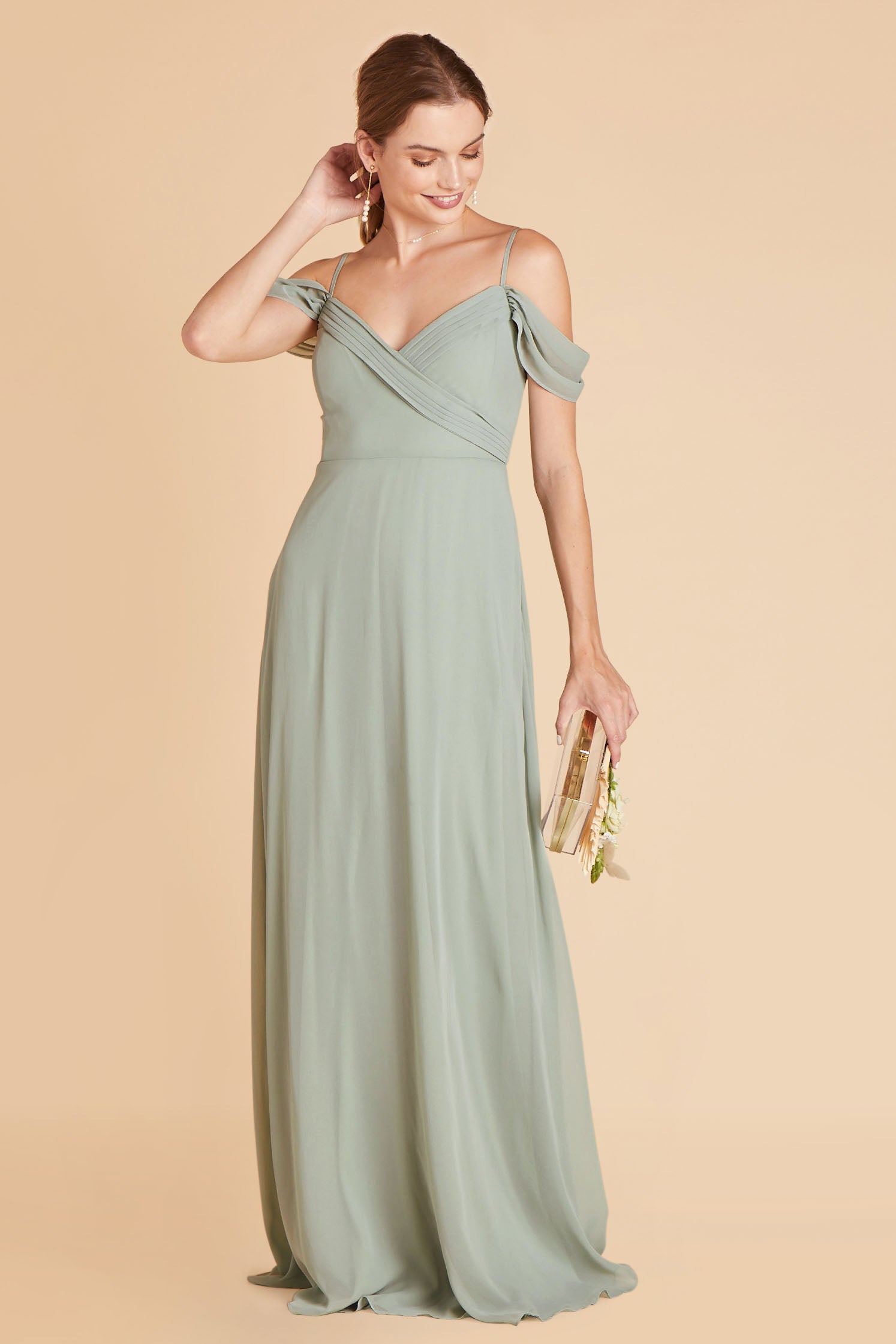 Spence convertible bridesmaid dress in sage green chiffon by Birdy Grey, front view