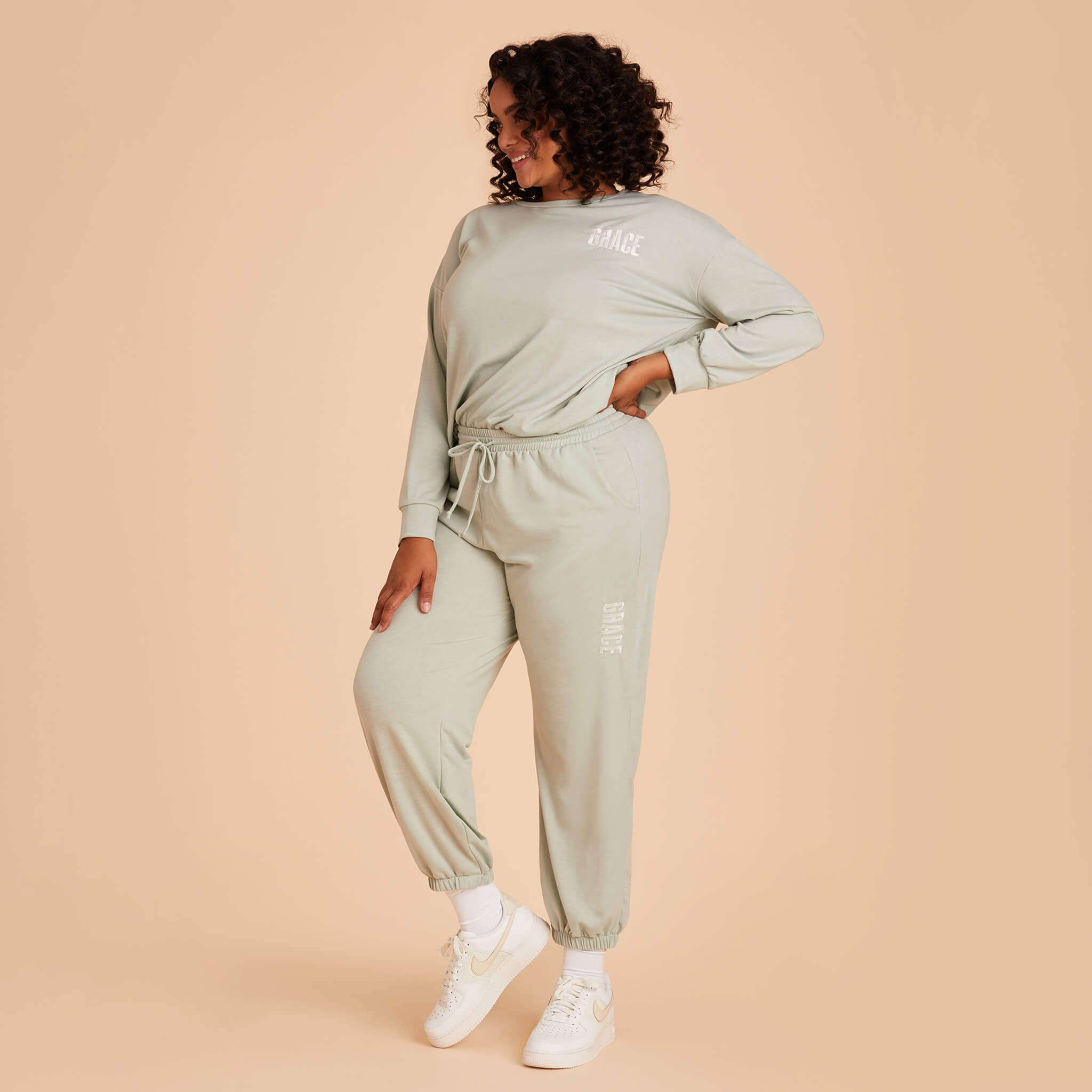 Plus Size sweatpants and crew neck in Sage Light Green with personalization
