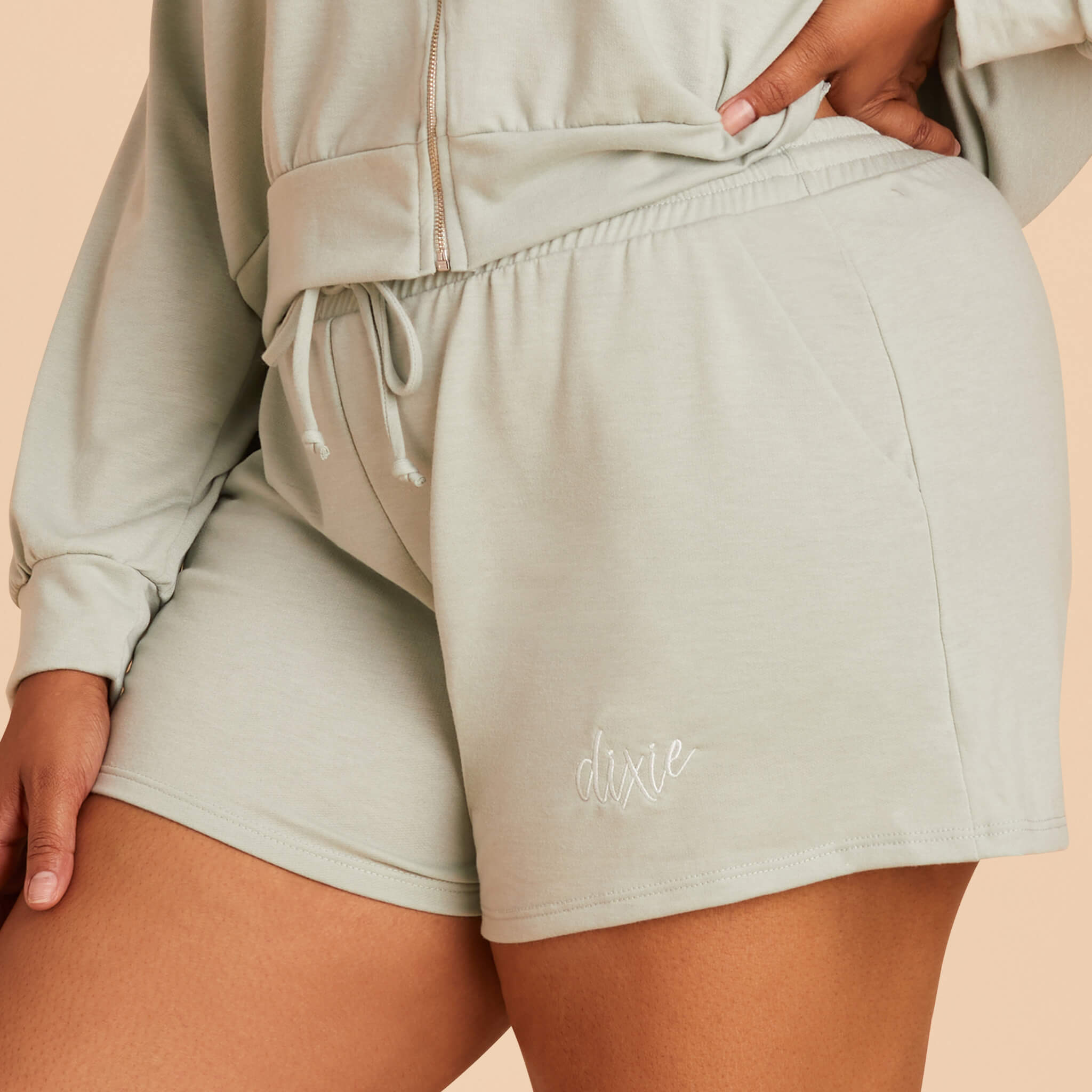 Plus Size sweat shorts in Sage Light Green with personalization