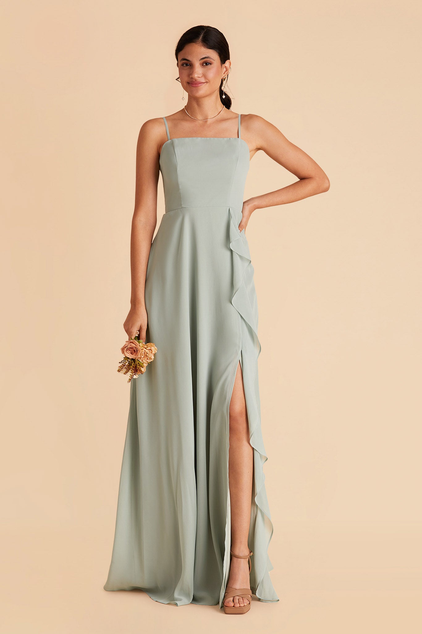 Winnie bridesmaid dress with slit in sage chiffon by Birdy Grey, front view