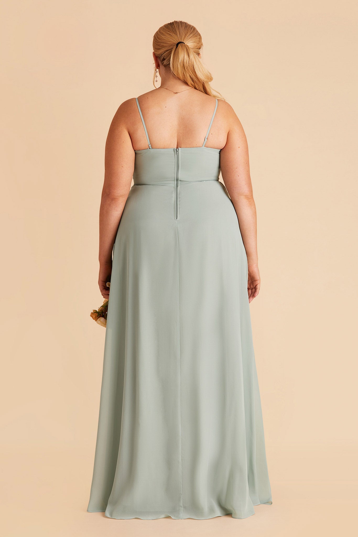 Winnie plus size bridesmaid dress with slit in sage chiffon by Birdy Grey, back view