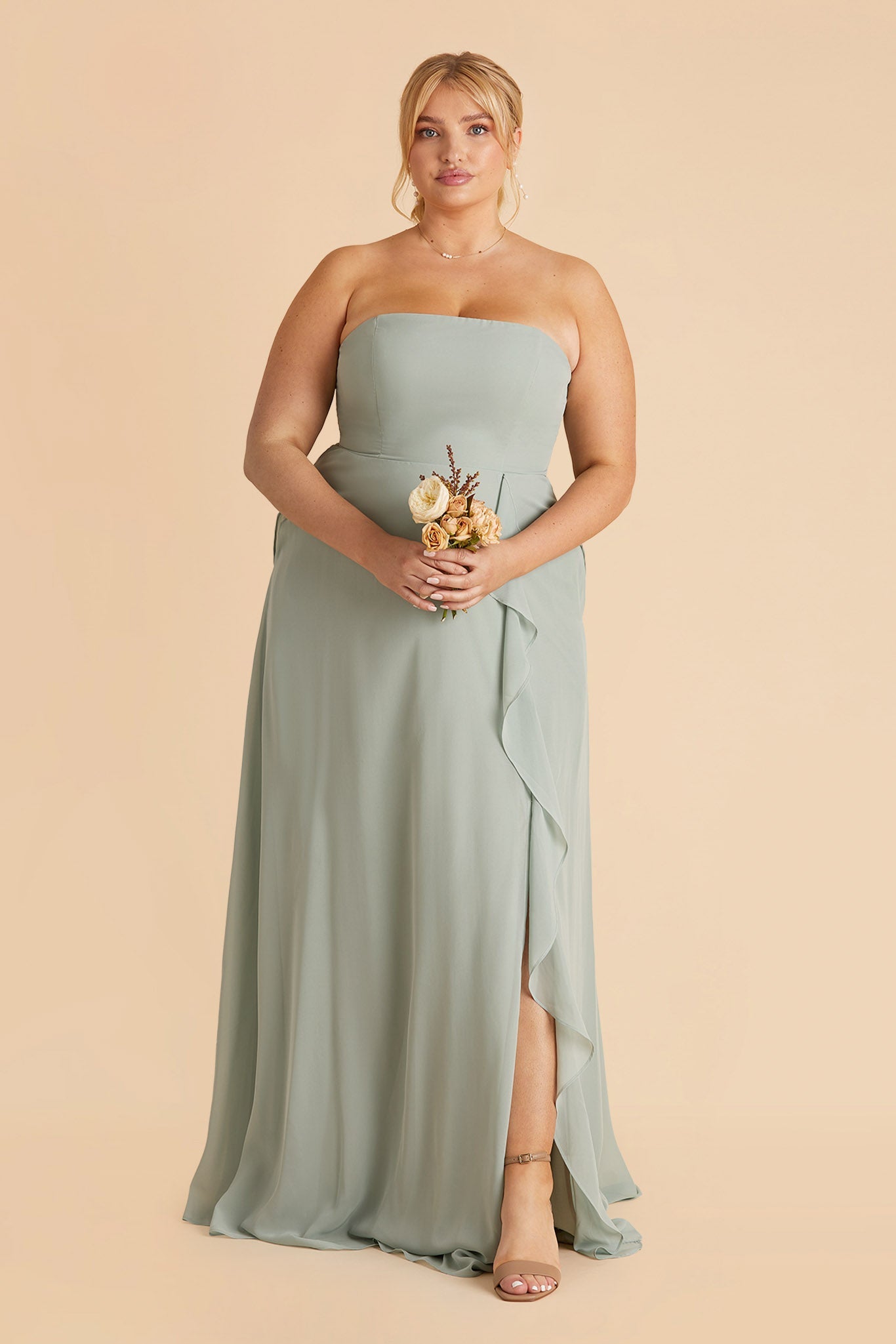 Winnie plus size bridesmaid dress with slit in sage chiffon by Birdy Grey, front view
