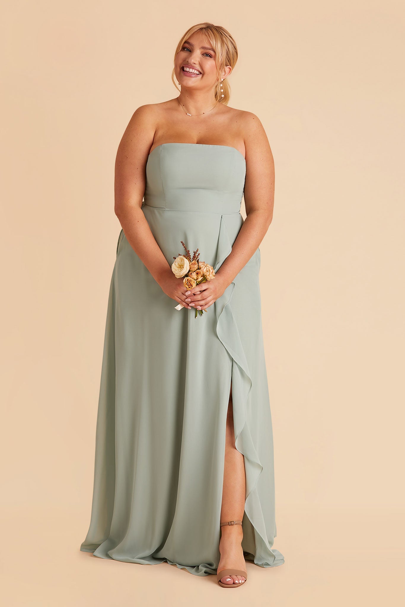 Winnie plus size bridesmaid dress with slit in sage chiffon by Birdy Grey, front view