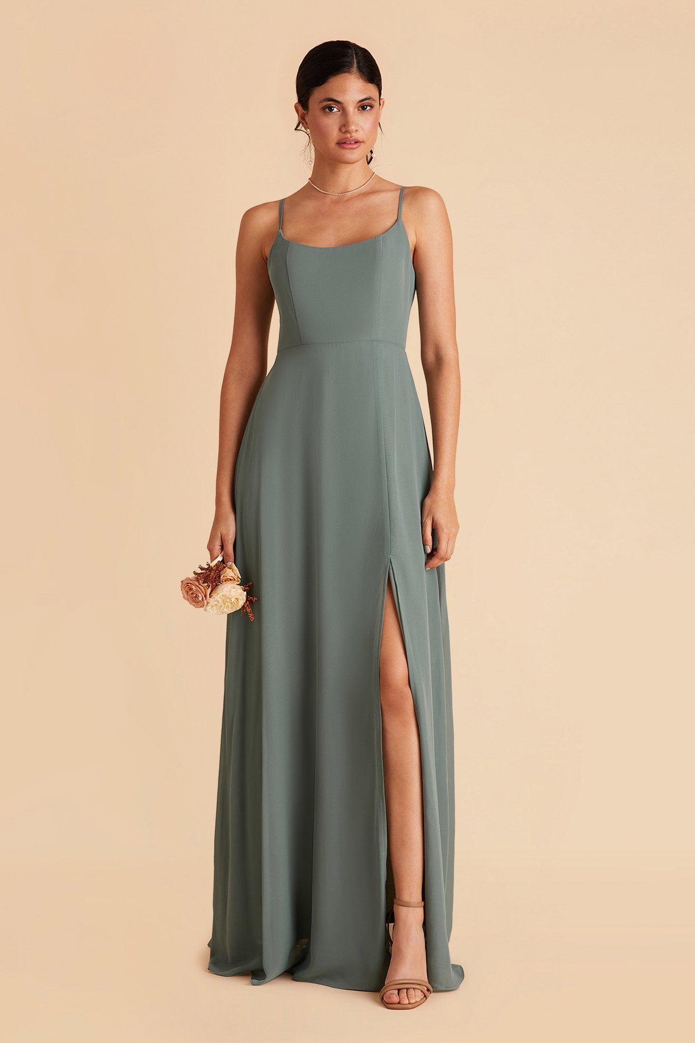 Amy bridesmaid dress with slit in sea glass chiffon by Birdy Grey, front view