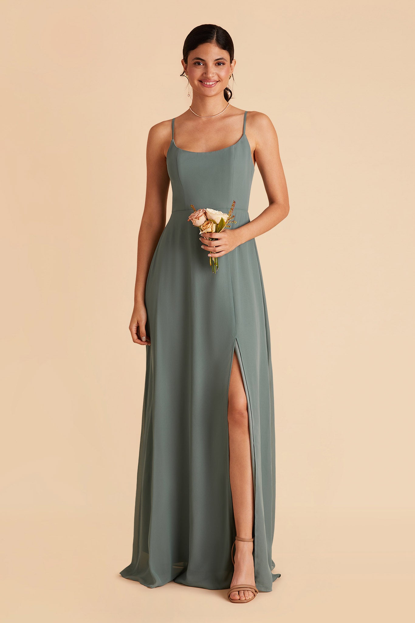 Amy bridesmaid dress with slit in sea glass chiffon by Birdy Grey, front view