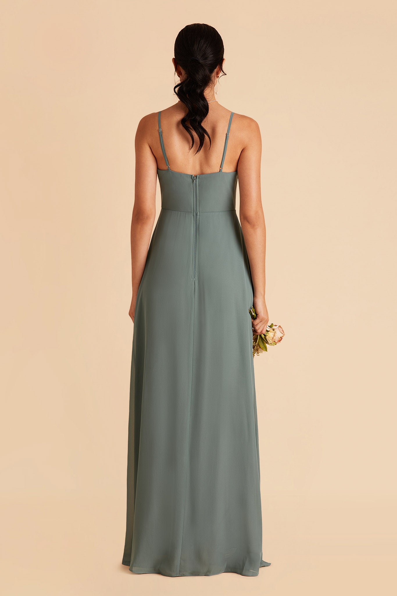 Amy bridesmaid dress with slit in sea glass chiffon by Birdy Grey, back view