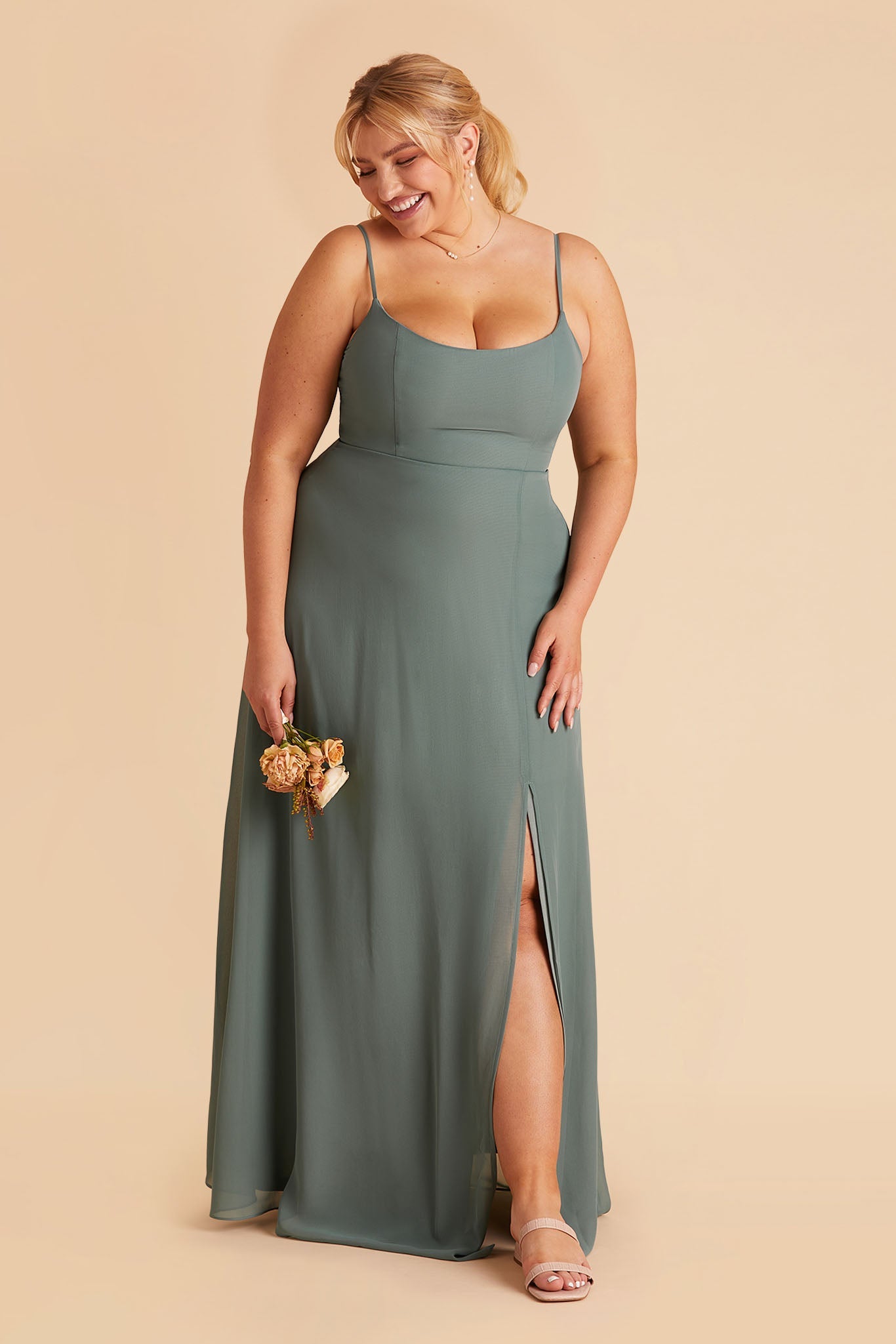 Amy plus size bridesmaid dress with slit in sea glass chiffon by Birdy Grey, front view