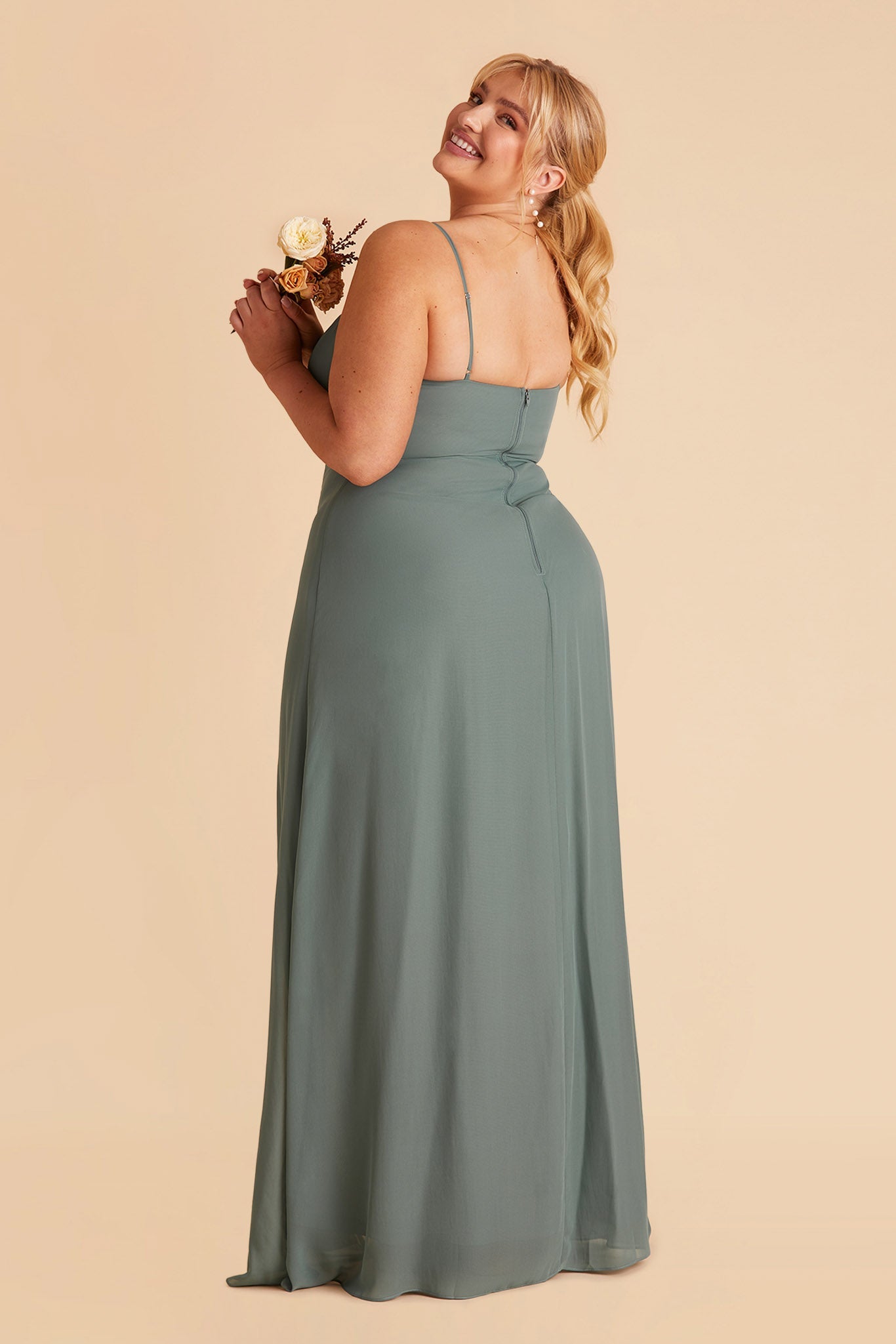 Amy plus size bridesmaid dress with slit in sea glass chiffon by Birdy Grey, side view