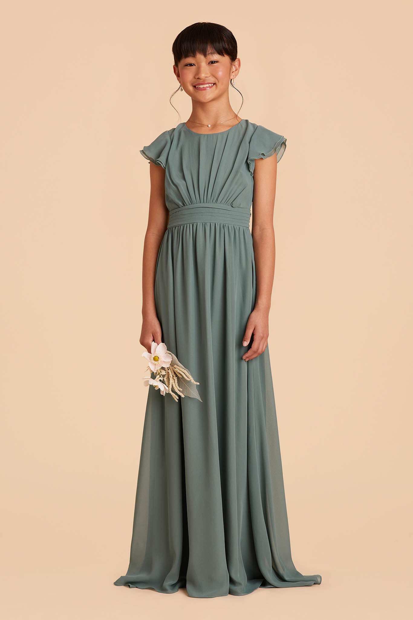sea glass medium green frilly-sleeved floor length junior bridesmaid dress 