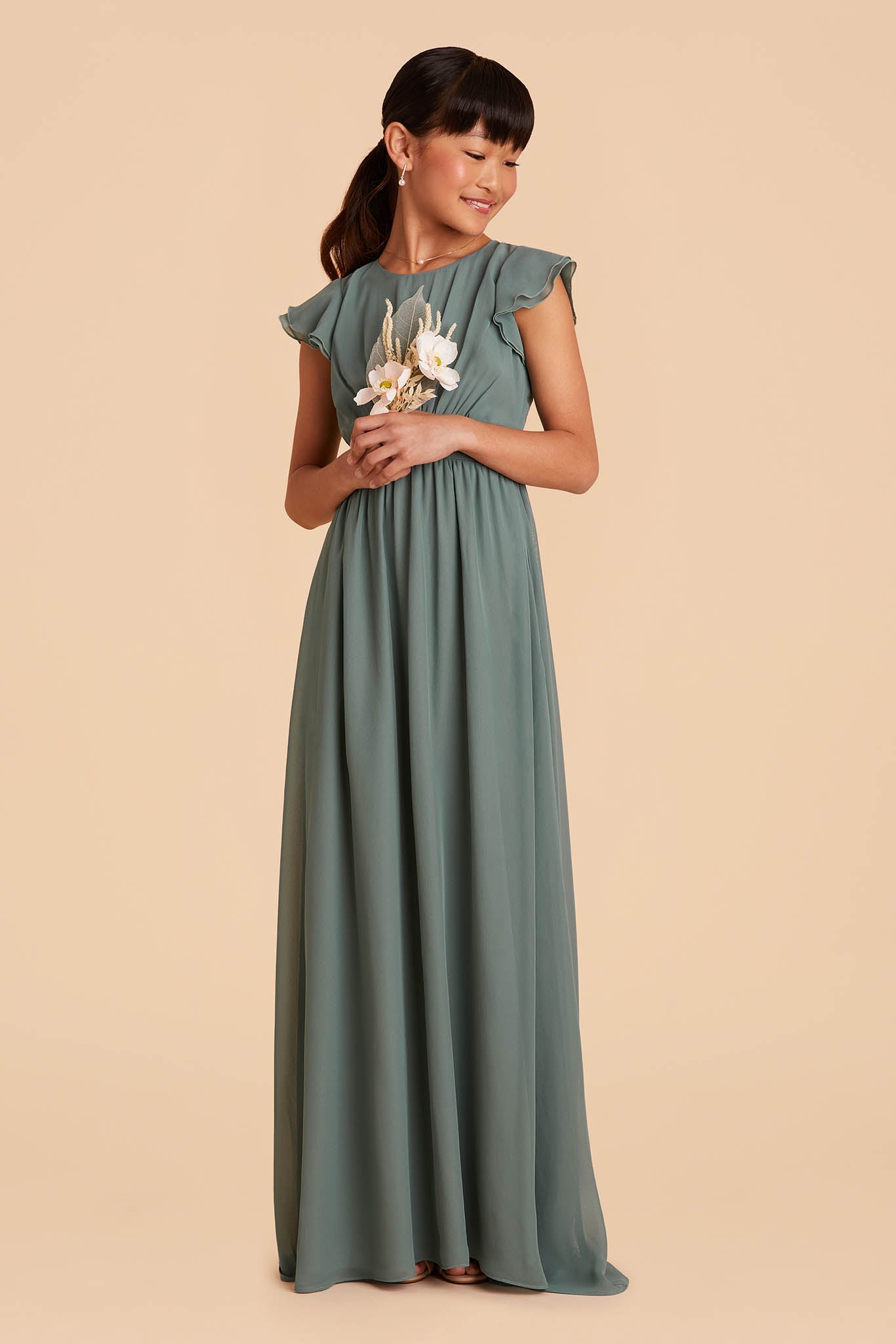 sea glass medium green frilly-sleeved floor length junior bridesmaid dress 