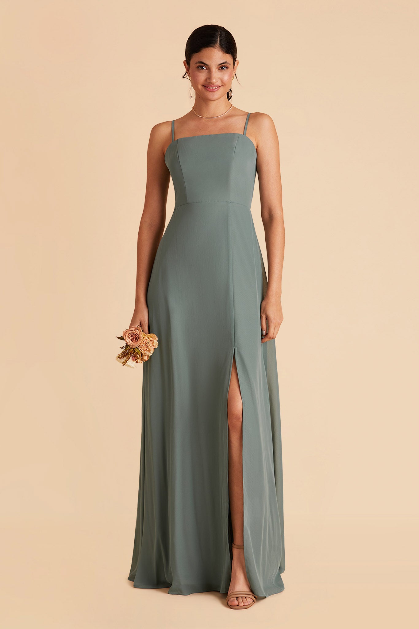 Chris bridesmaid dress with slit in sea glass chiffon by Birdy Grey, front view