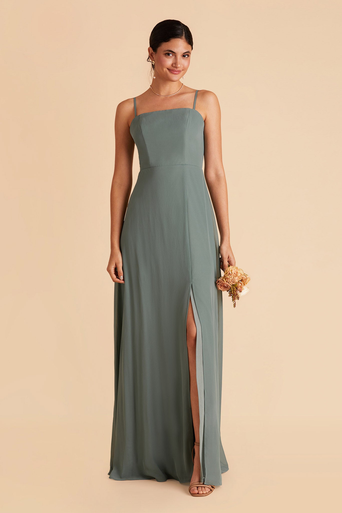 Chris bridesmaid dress with slit in sea glass chiffon by Birdy Grey, front view