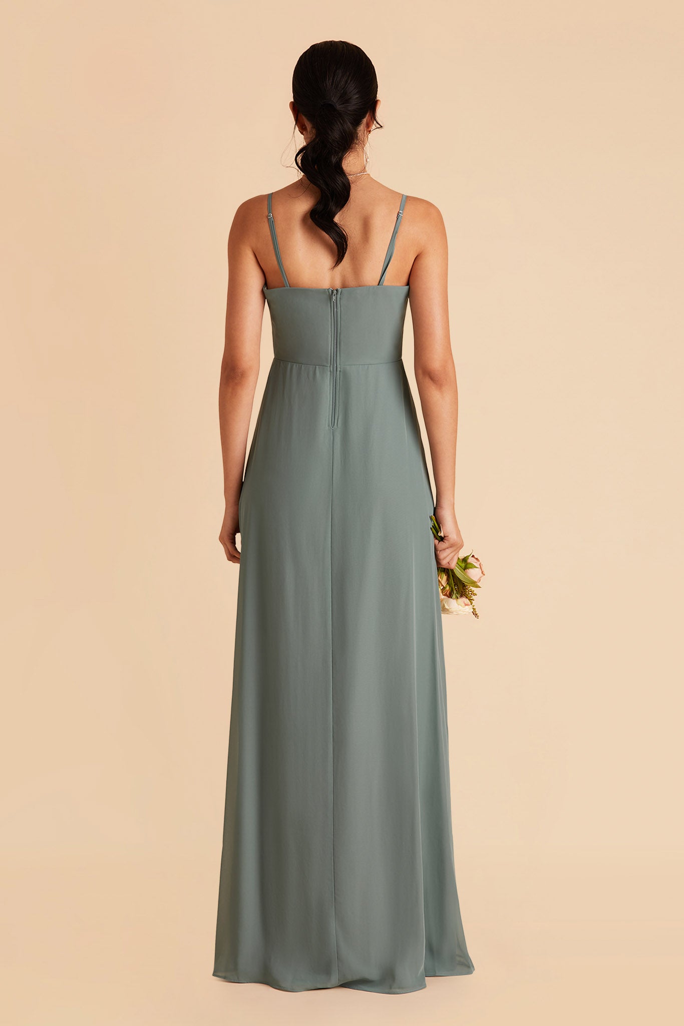Chris bridesmaid dress with slit in sea glass chiffon by Birdy Grey, back view