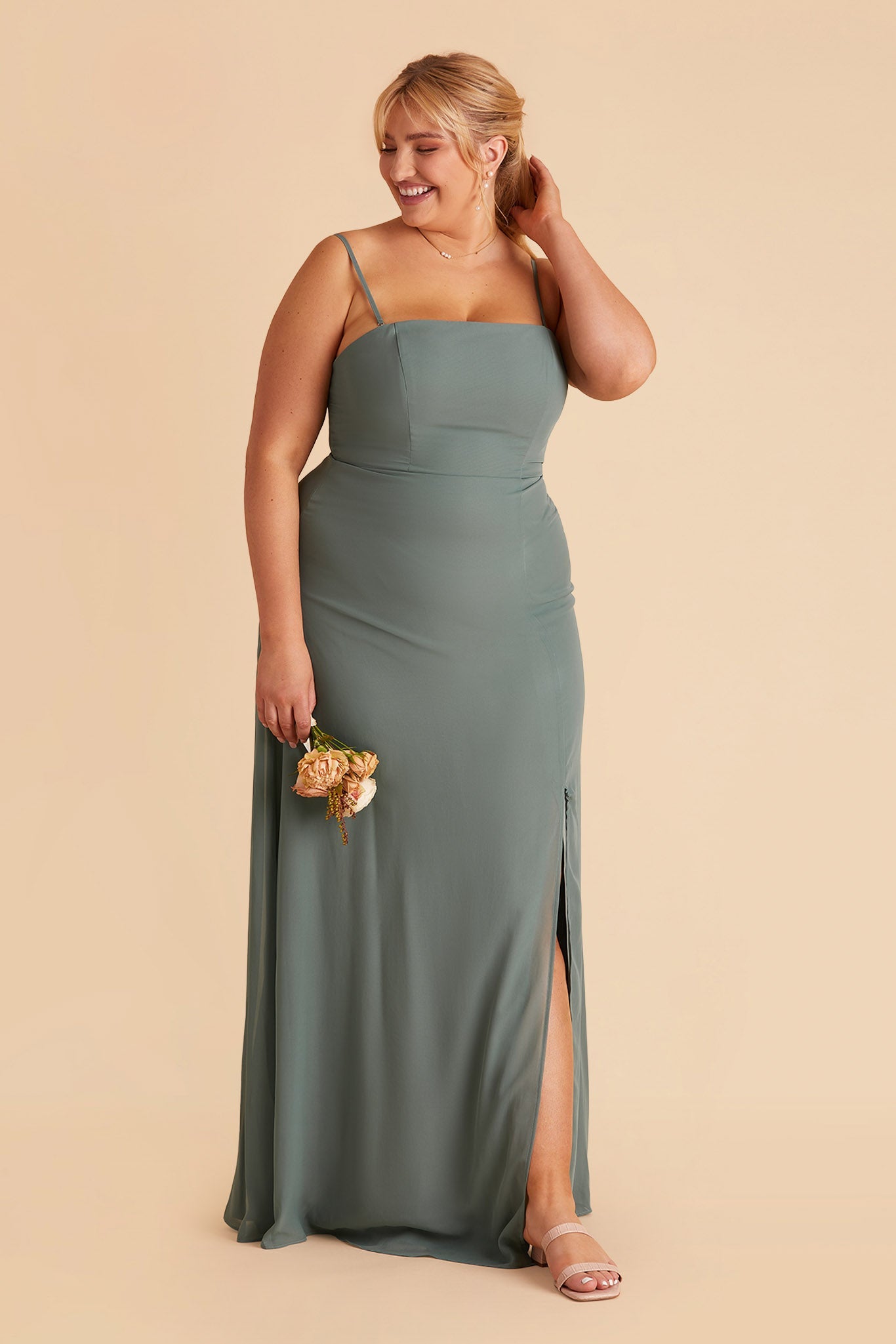 Chris plus size bridesmaid dress with slit in sea glass chiffon by Birdy Grey, front view