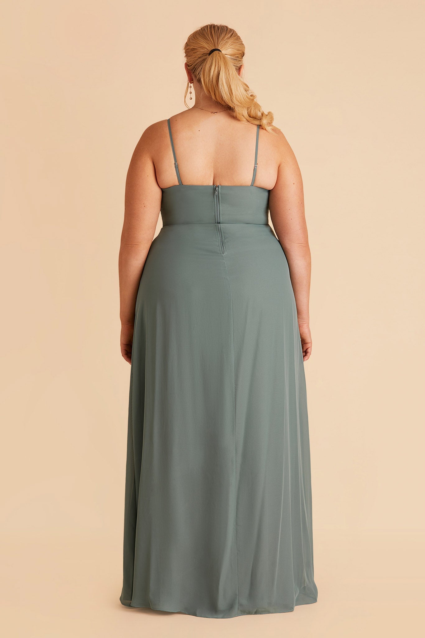 Chris plus size bridesmaid dress with slit in sea glass chiffon by Birdy Grey, Back view