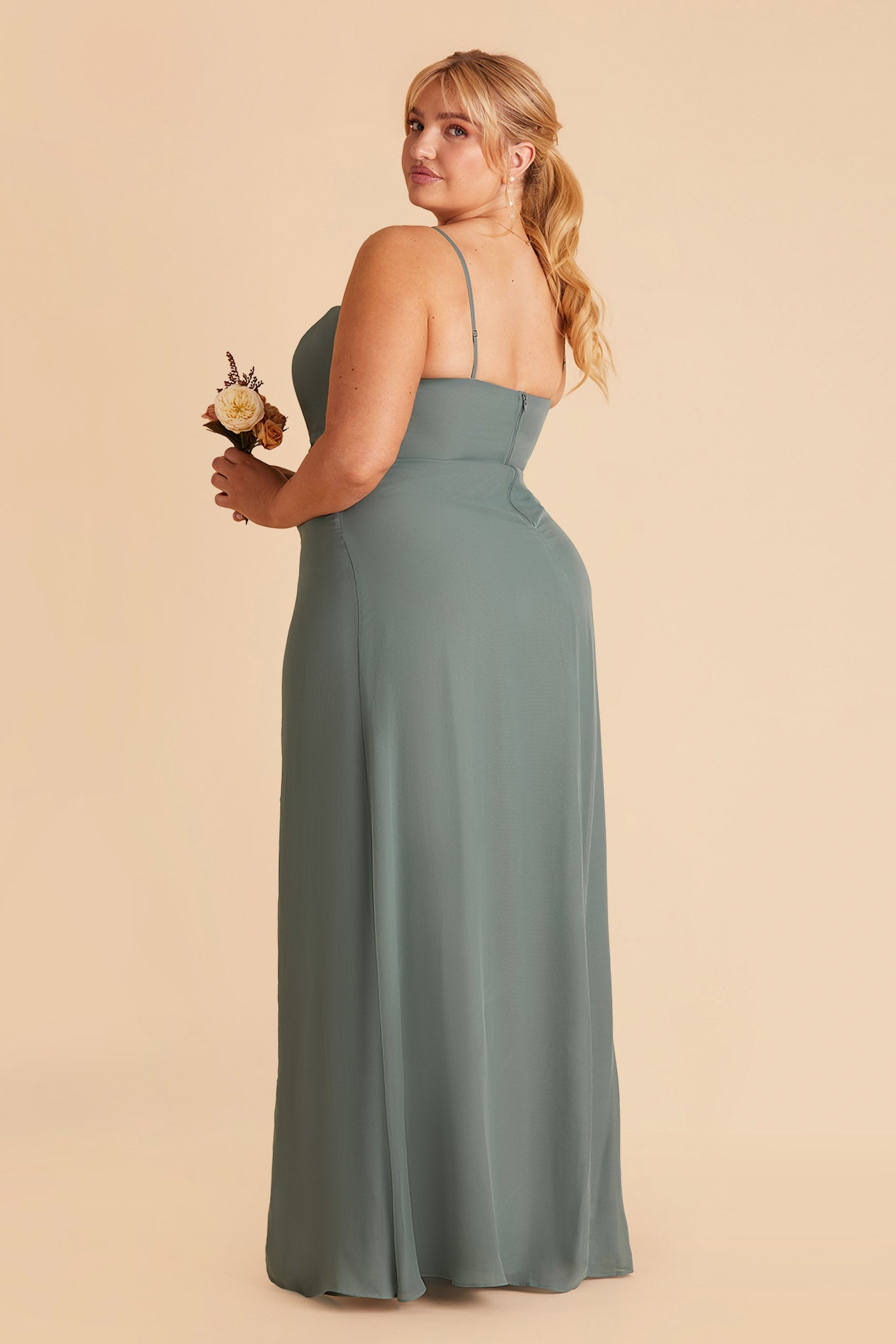 Chris plus size bridesmaid dress with slit in sea glass chiffon by Birdy Grey, side view