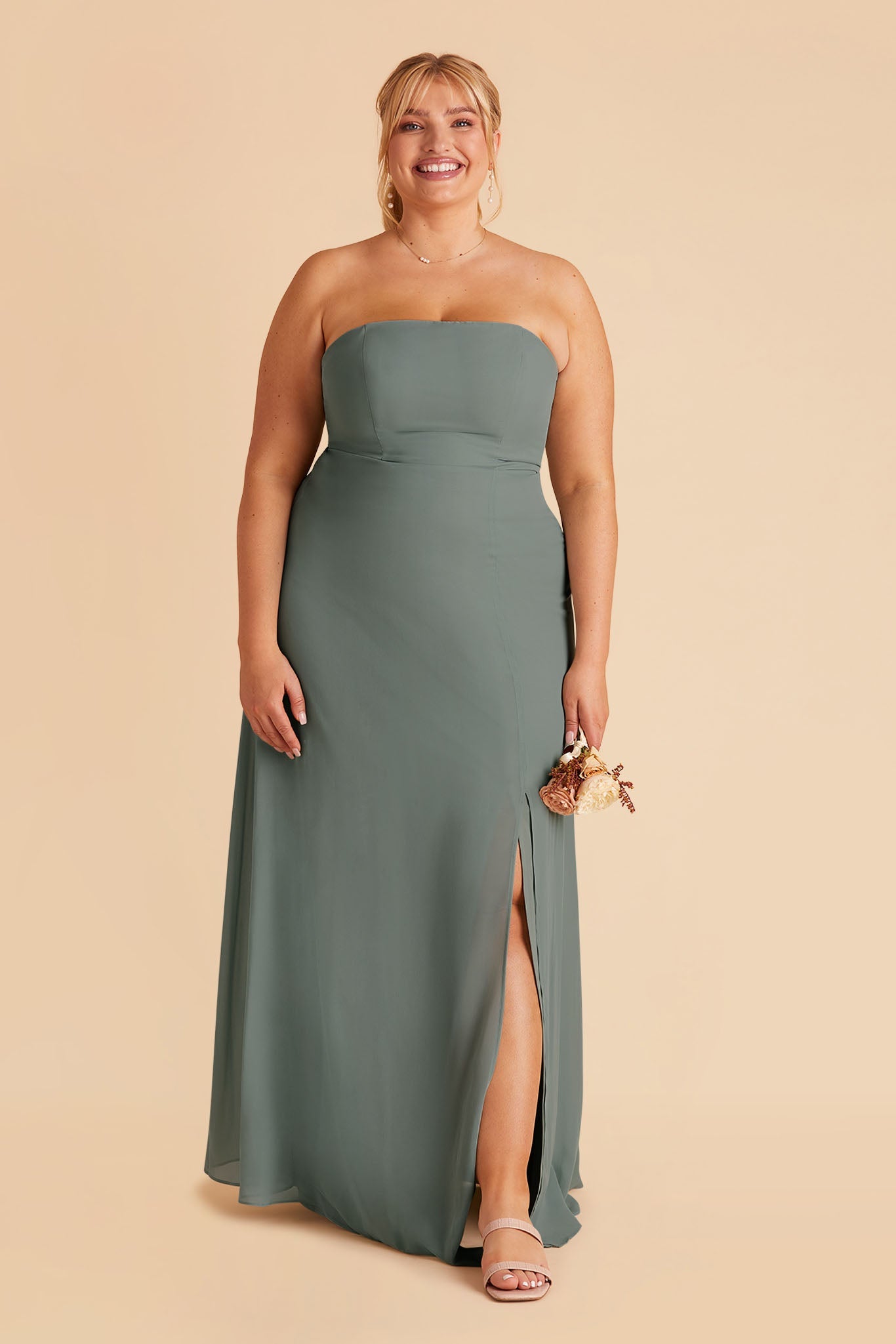 Chris plus size bridesmaid dress with slit in sea glass chiffon by Birdy Grey, front view