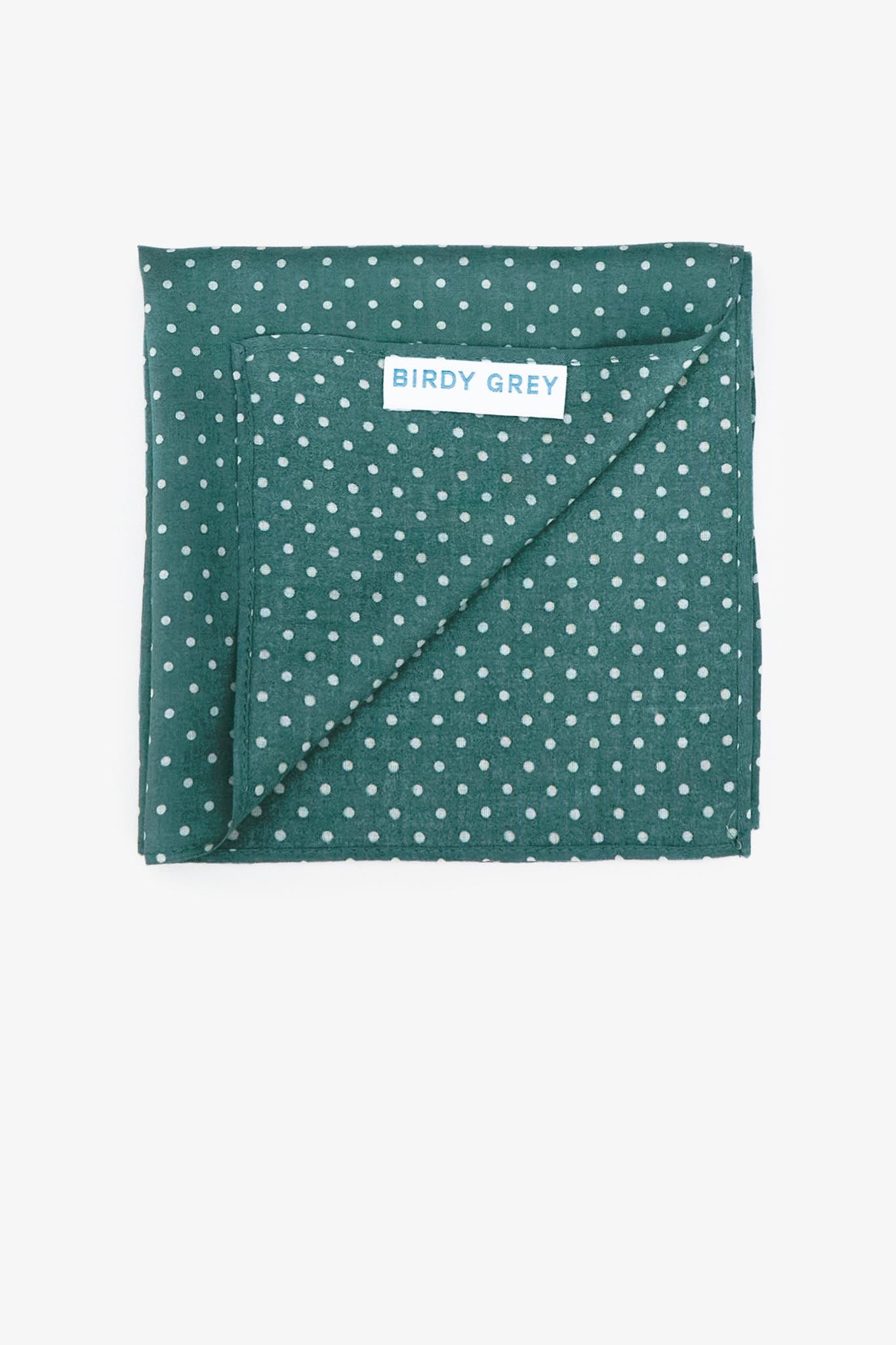 Sea green Groomsmen pocket square with white dots with birdy grey label showing