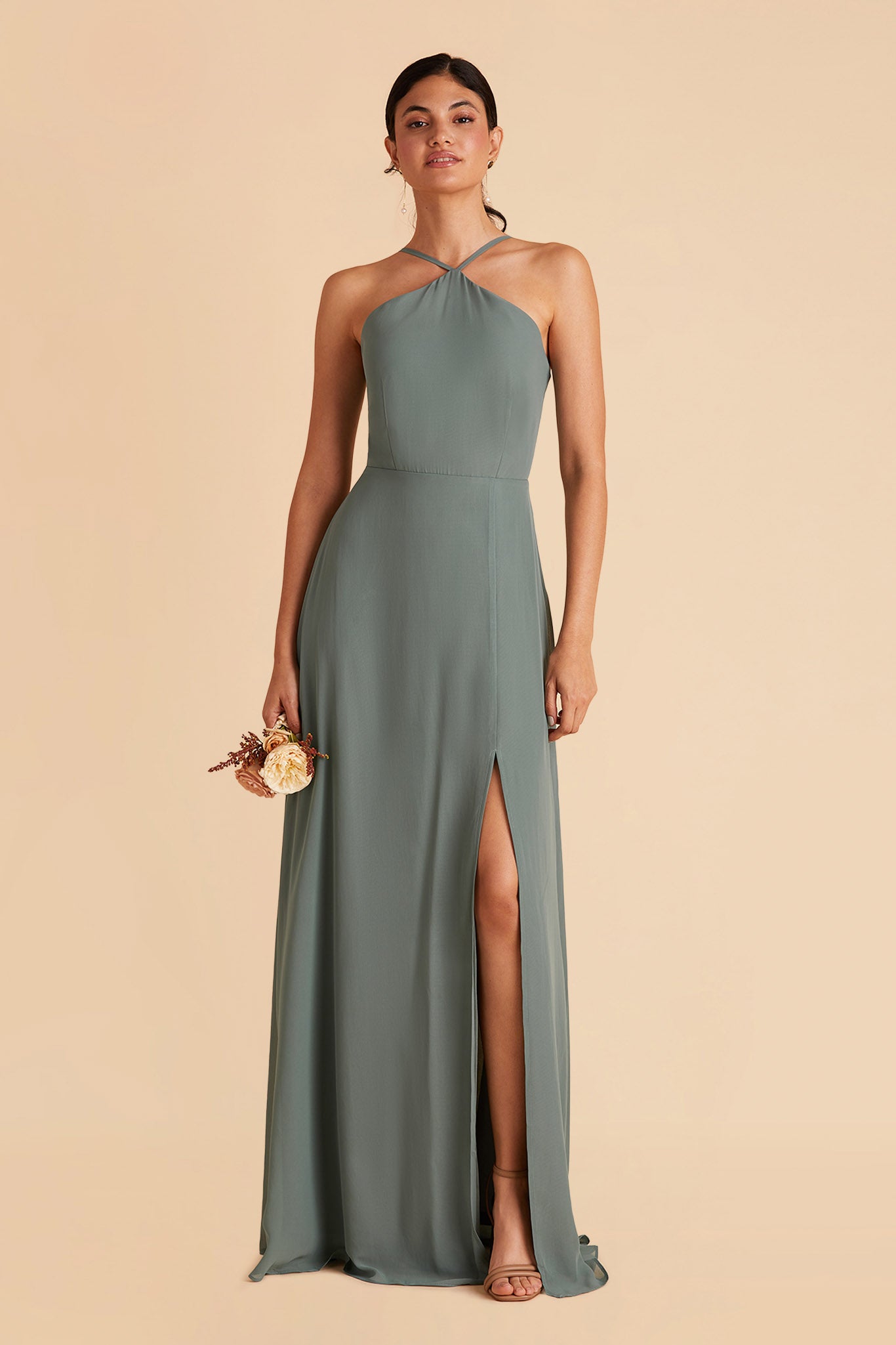 Juliet bridesmaid dress with slit in sea glass chiffon by Birdy Grey, front view