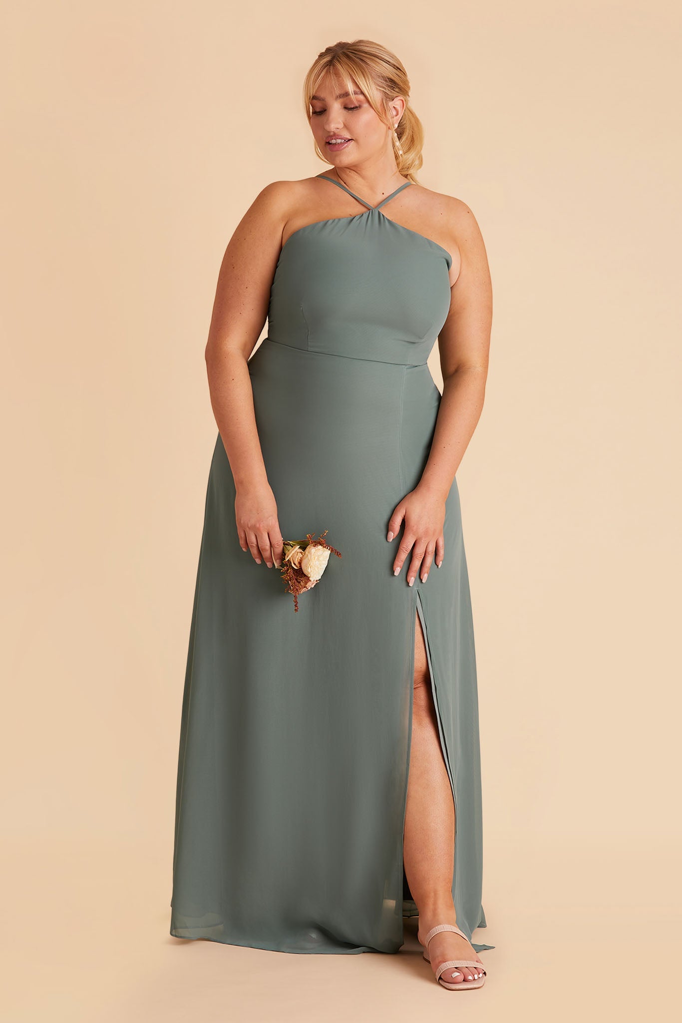 Juliet plus size bridesmaid dress with slit in sea glass chiffon by Birdy Grey, front view