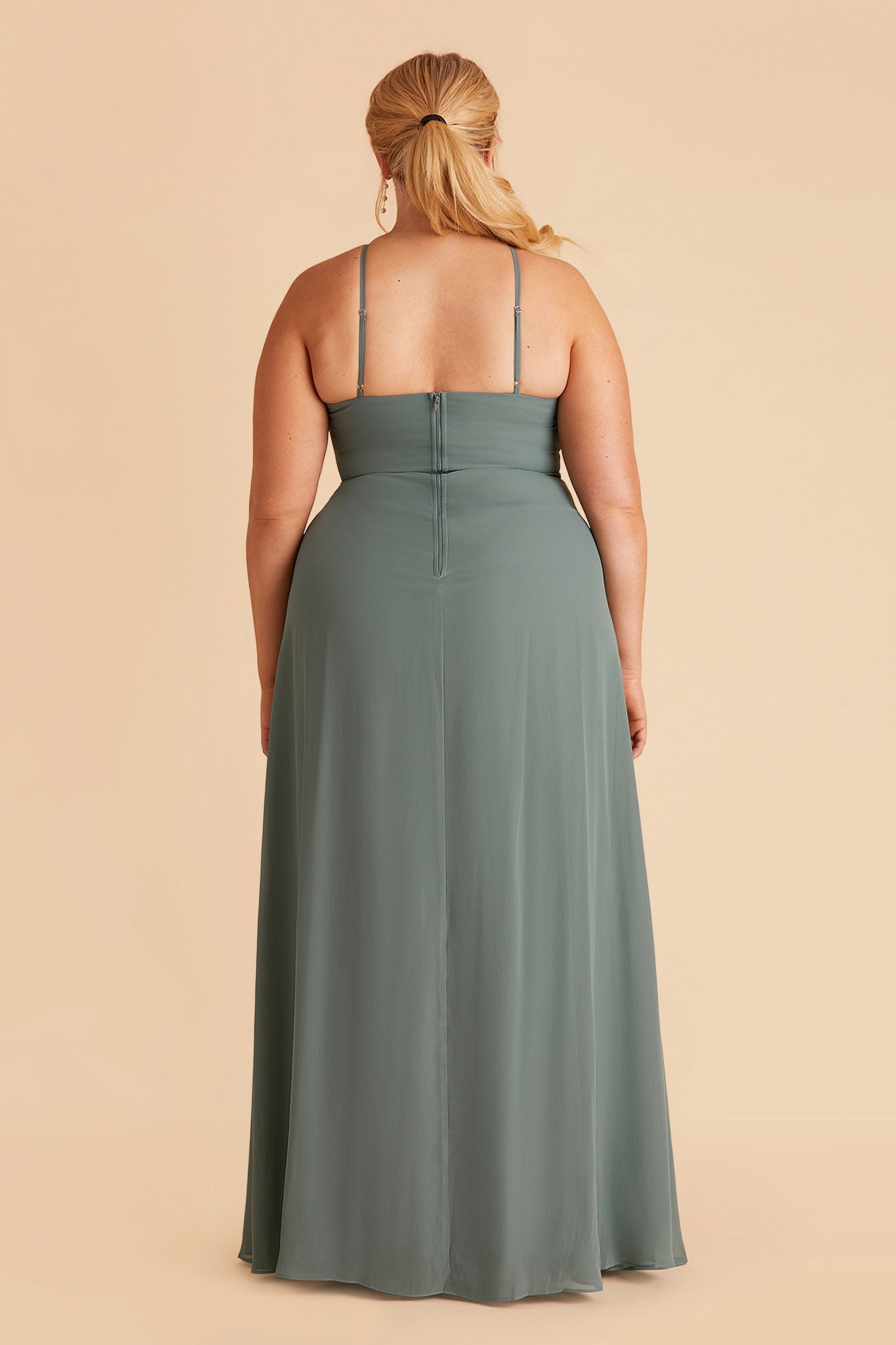 Juliet plus size bridesmaid dress with slit in sea glass chiffon by Birdy Grey, back view