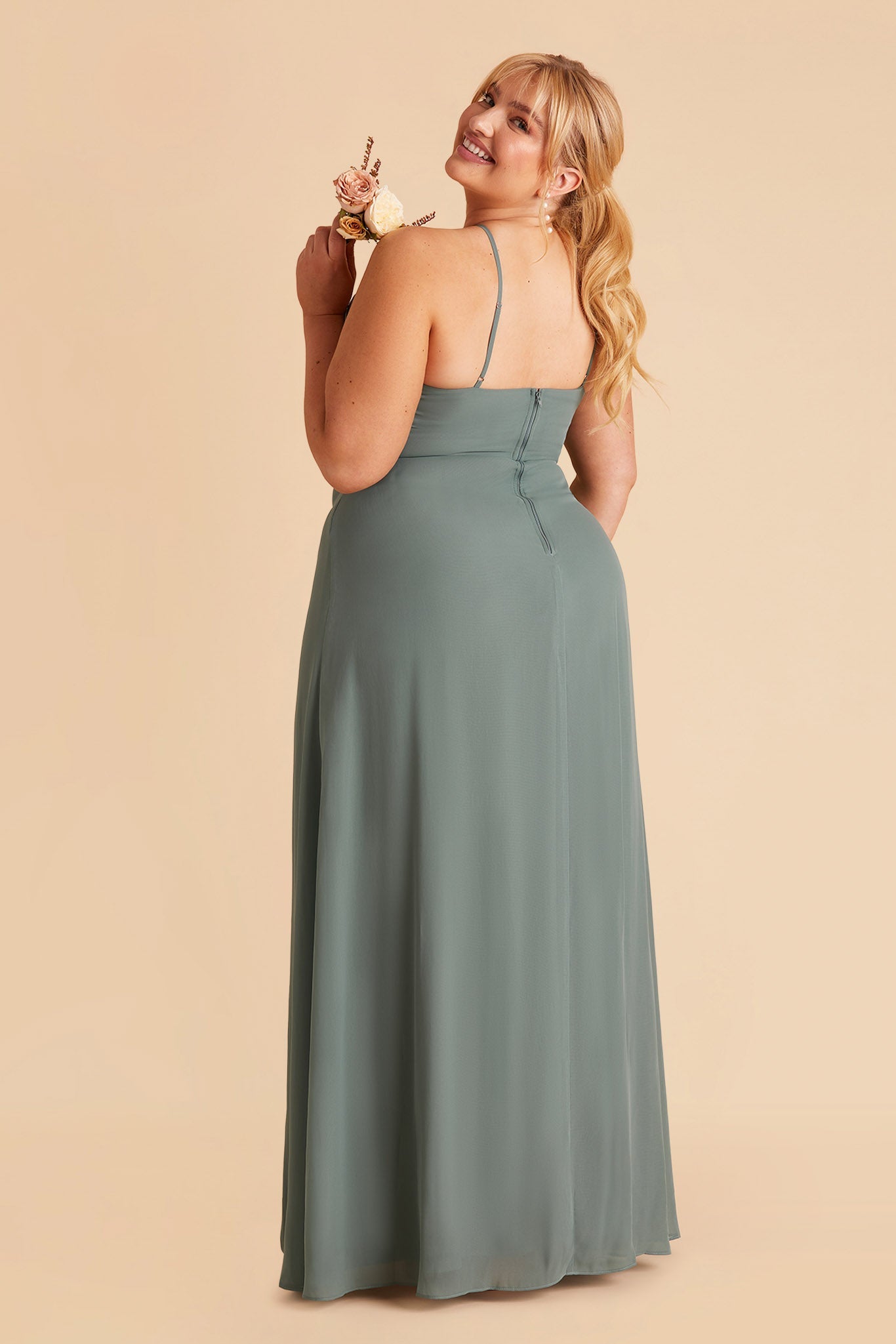 Juliet plus size bridesmaid dress with slit in sea glass chiffon by Birdy Grey, side view