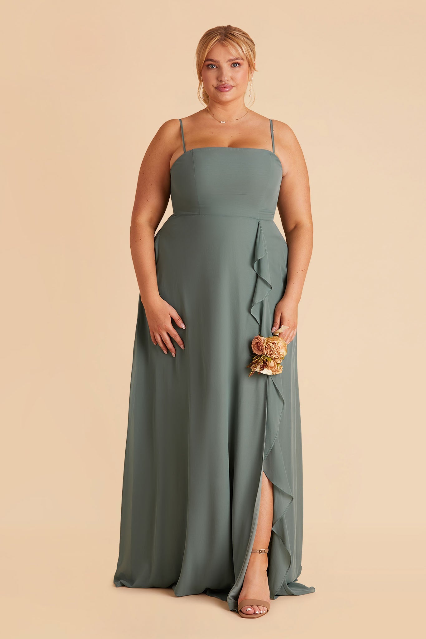 Winnie plus size bridesmaid dress with slit in sea glass chiffon by Birdy Grey, front view