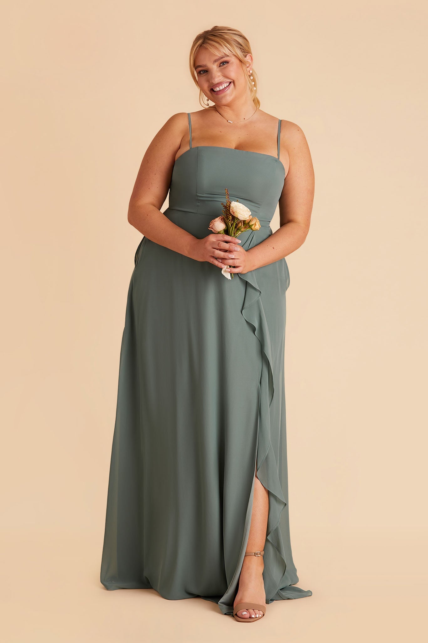 Winnie plus size bridesmaid dress with slit in sea glass chiffon by Birdy Grey, front view
