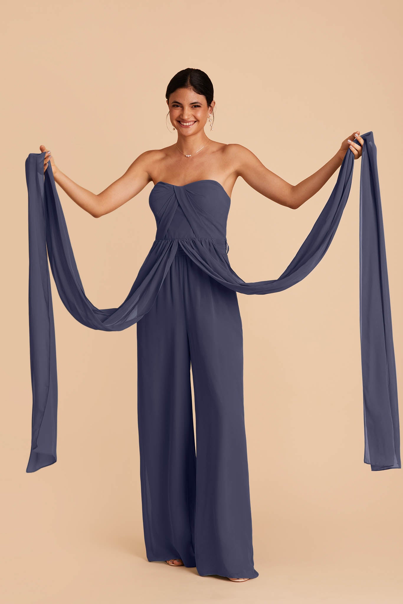 Blue wedding jumpsuit with sweetheart bodice with convertible neckline untied