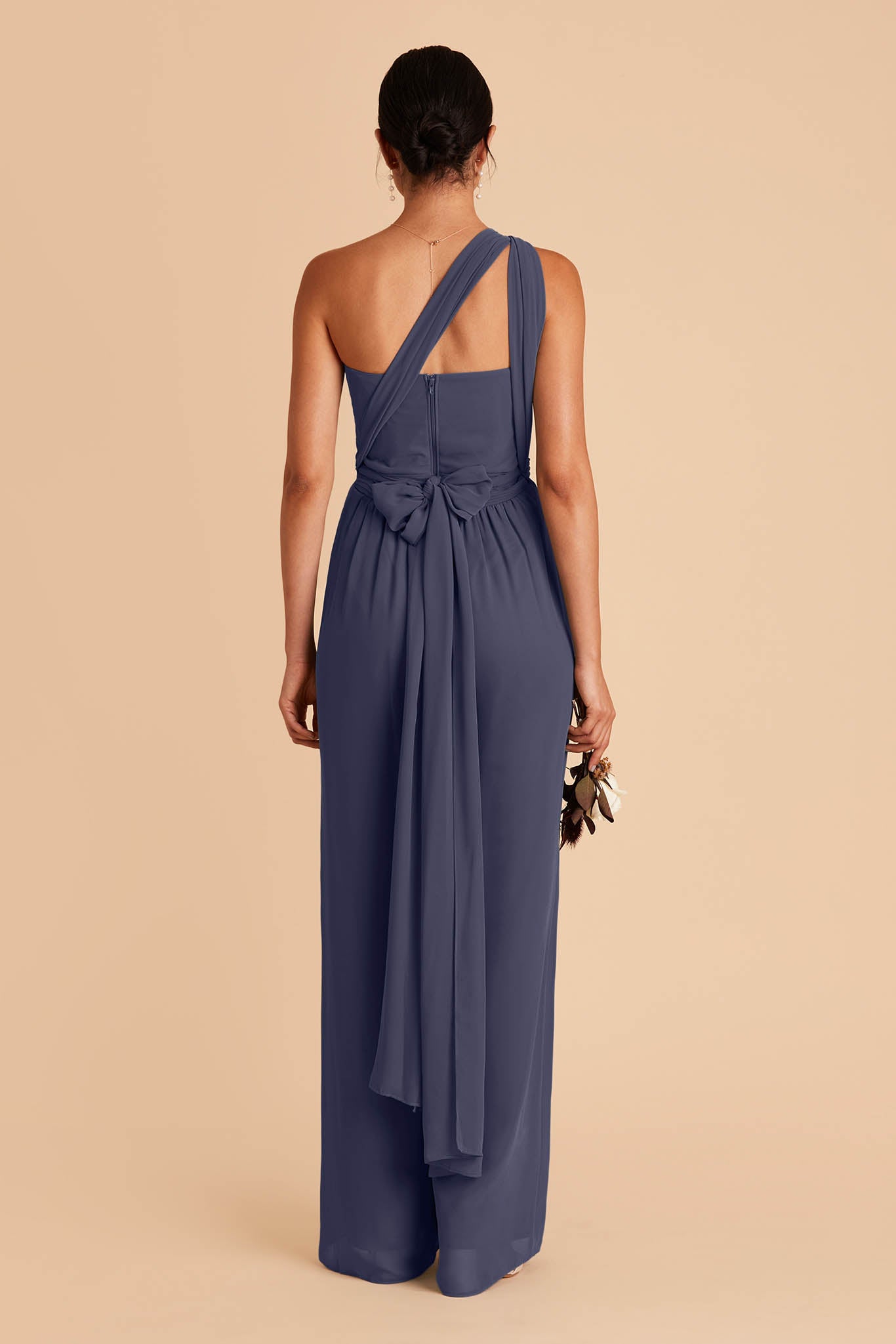 Blue wedding jumpsuit with convertible neckline and tie in the back