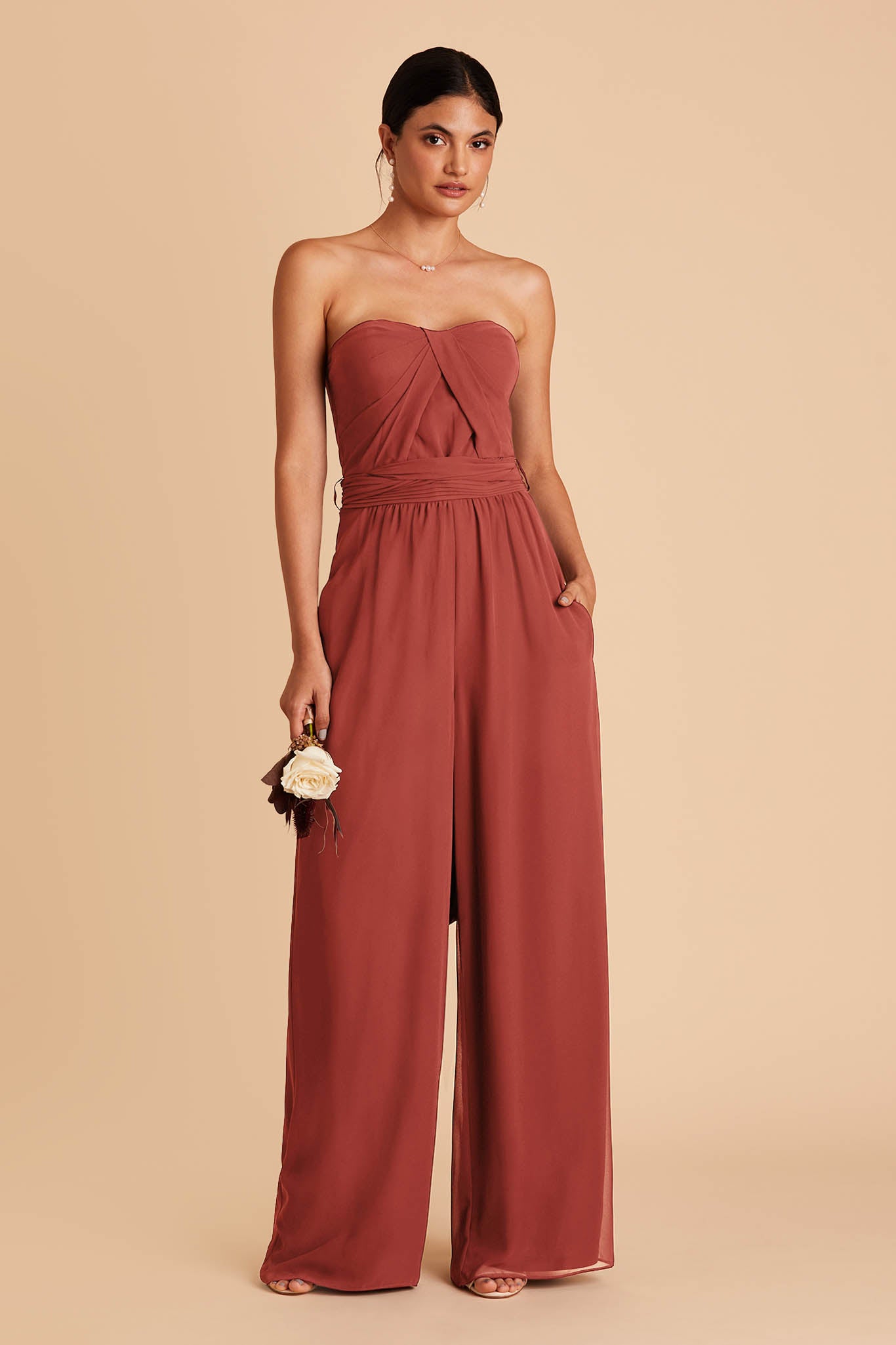 Reddish orange color wedding jumpsuit with sweetheart bodice with convertible neckline