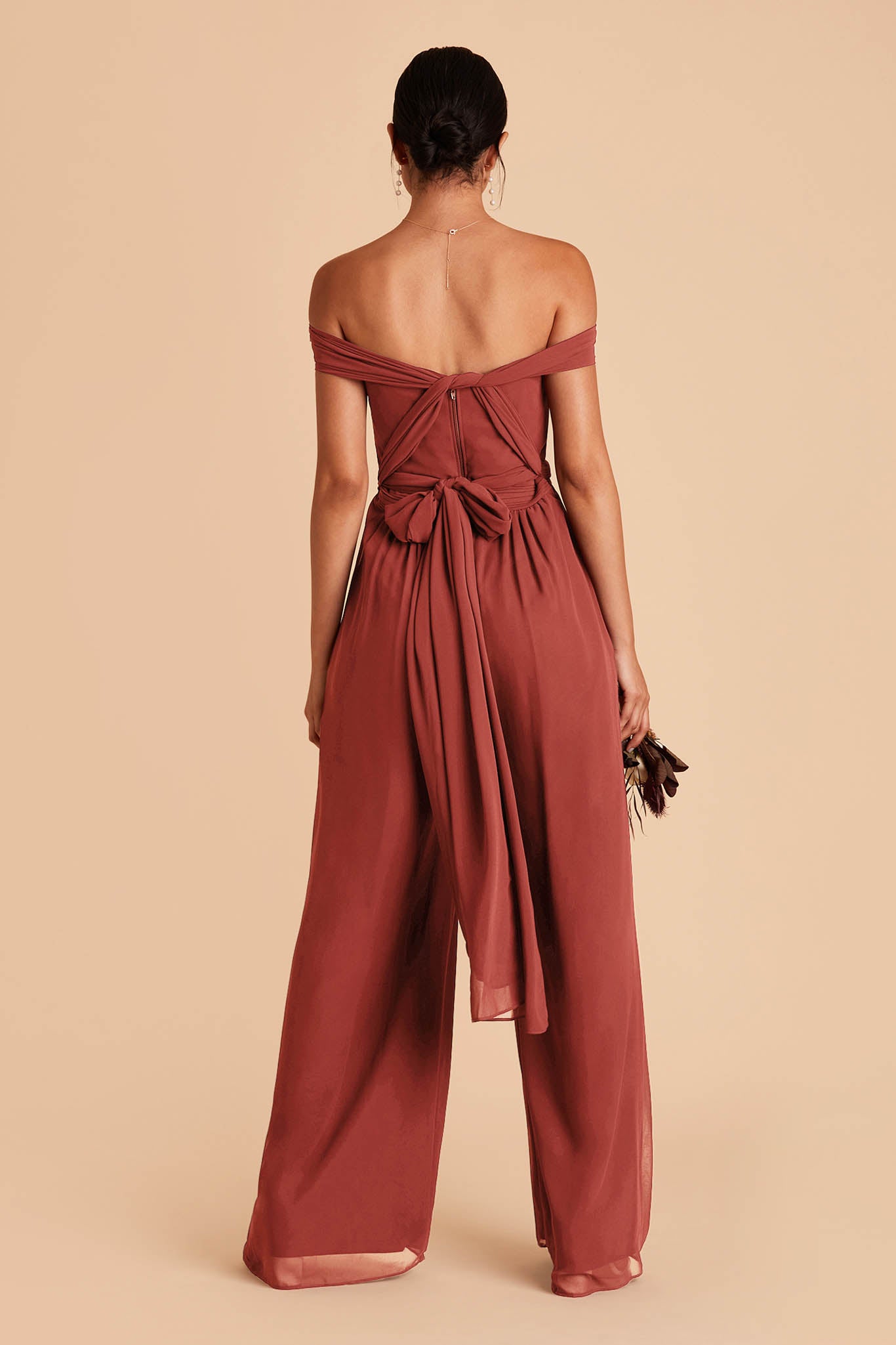 Reddish orange color wedding jumpsuit with with convertible neckline tie in the back