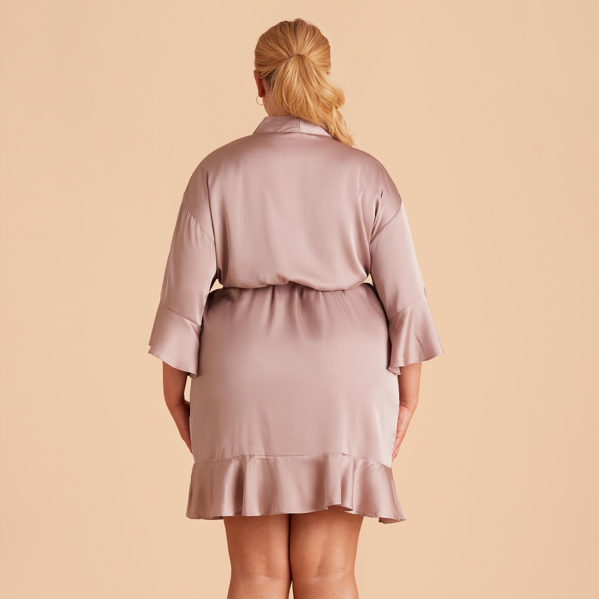 Kenny Ruffle Robe in mauve taupe satin by Birdy Grey, back view