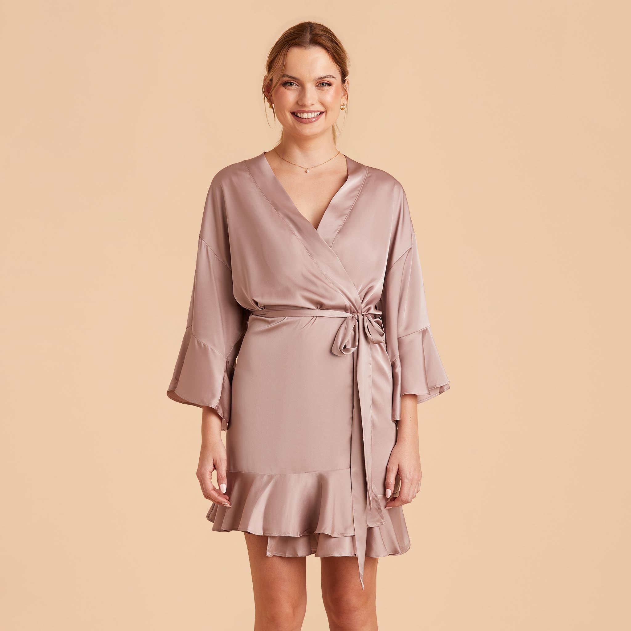 Kenny Ruffle Robe in mauve taupe satin by Birdy Grey, front view