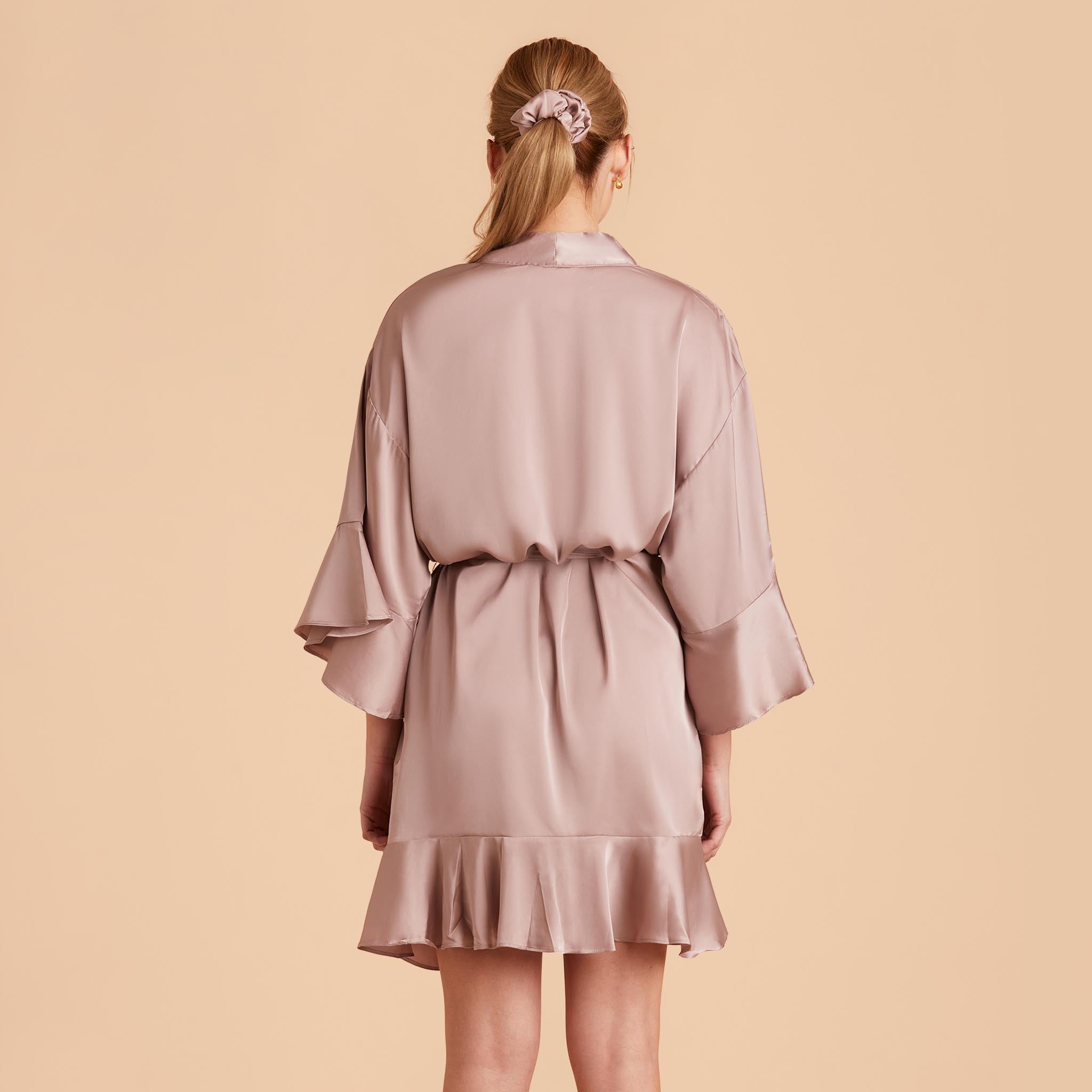 Kenny Ruffle Robe in mauve taupe satin by Birdy Grey, back view