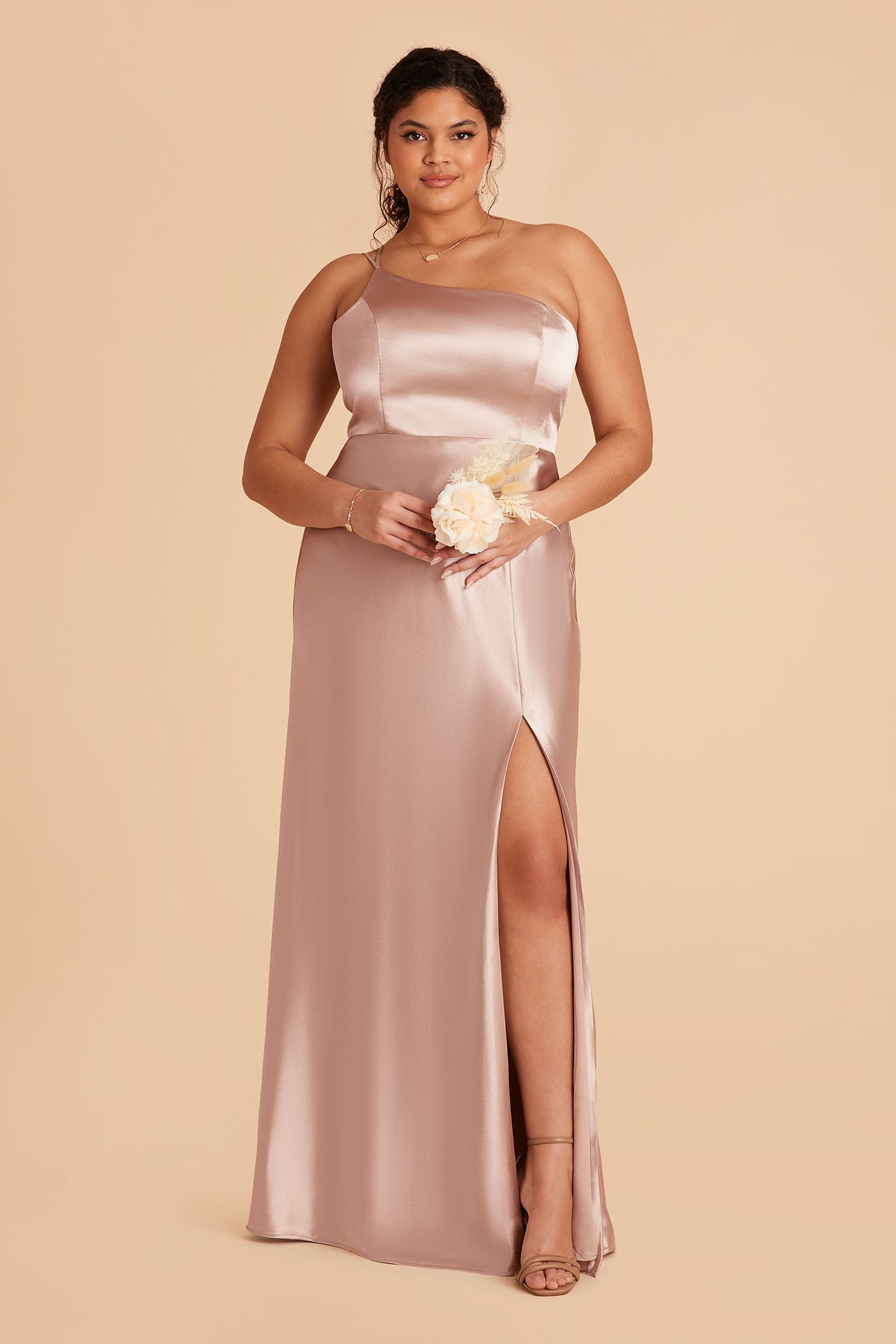 plus size long taupe satin one-shoulder neckline with modern thin straps bridesmaid dress