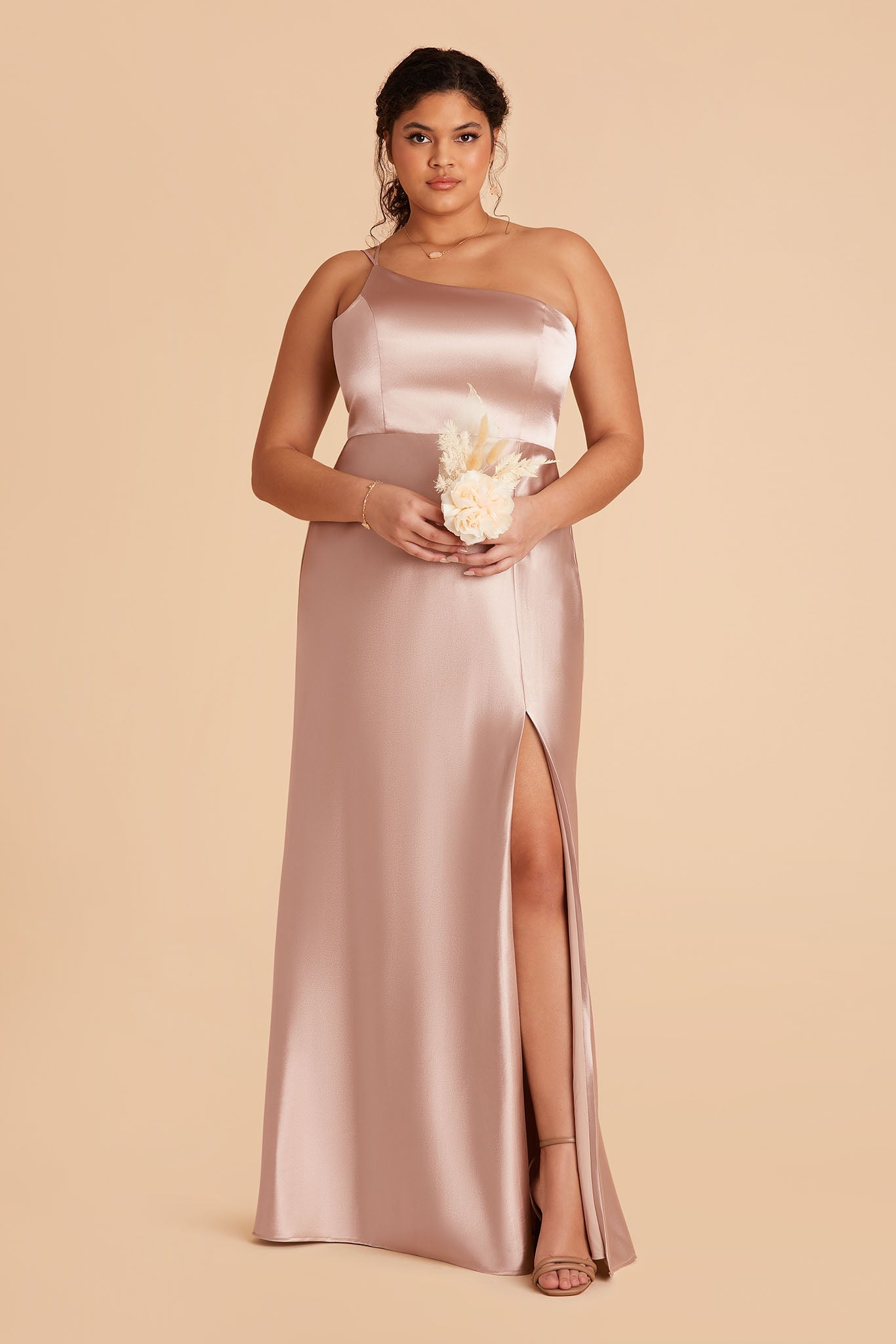 plus size long taupe satin one-shoulder neckline with modern thin straps bridesmaid dress