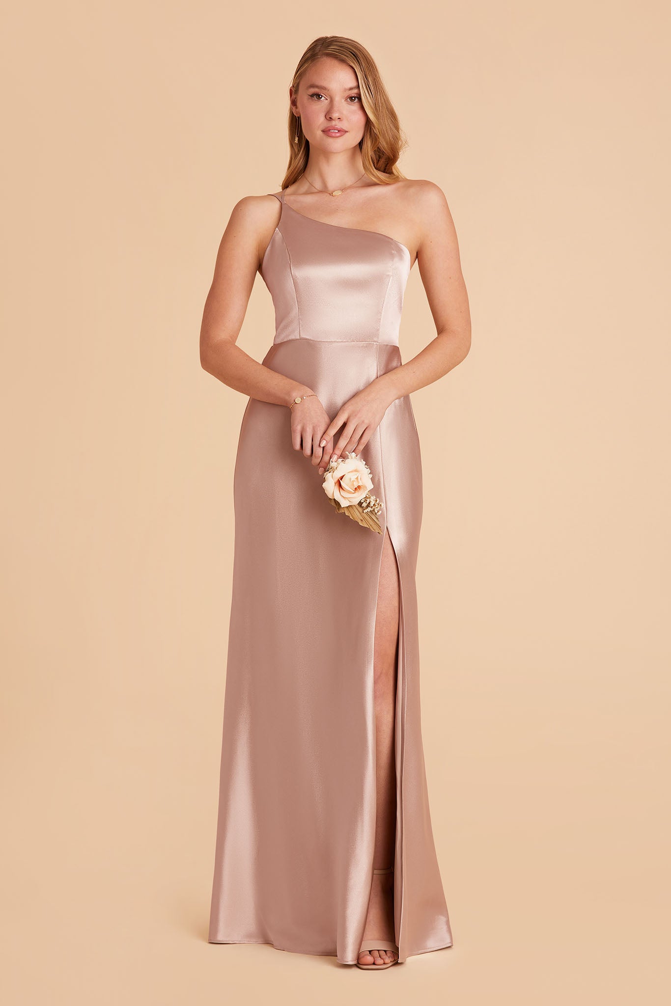 long taupe satin one-shoulder neckline with modern thin straps bridesmaid dress