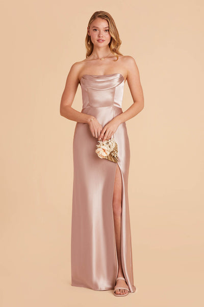 taupe satin bridesmaid dress with pleated cowl neck