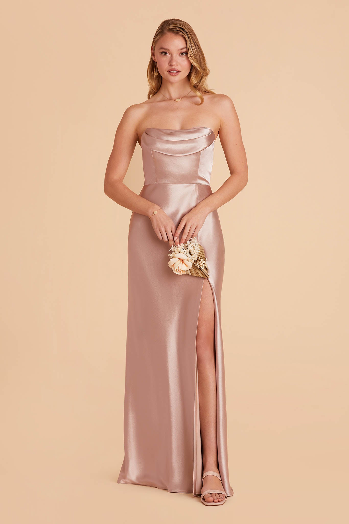 taupe satin bridesmaid dress with pleated cowl neck