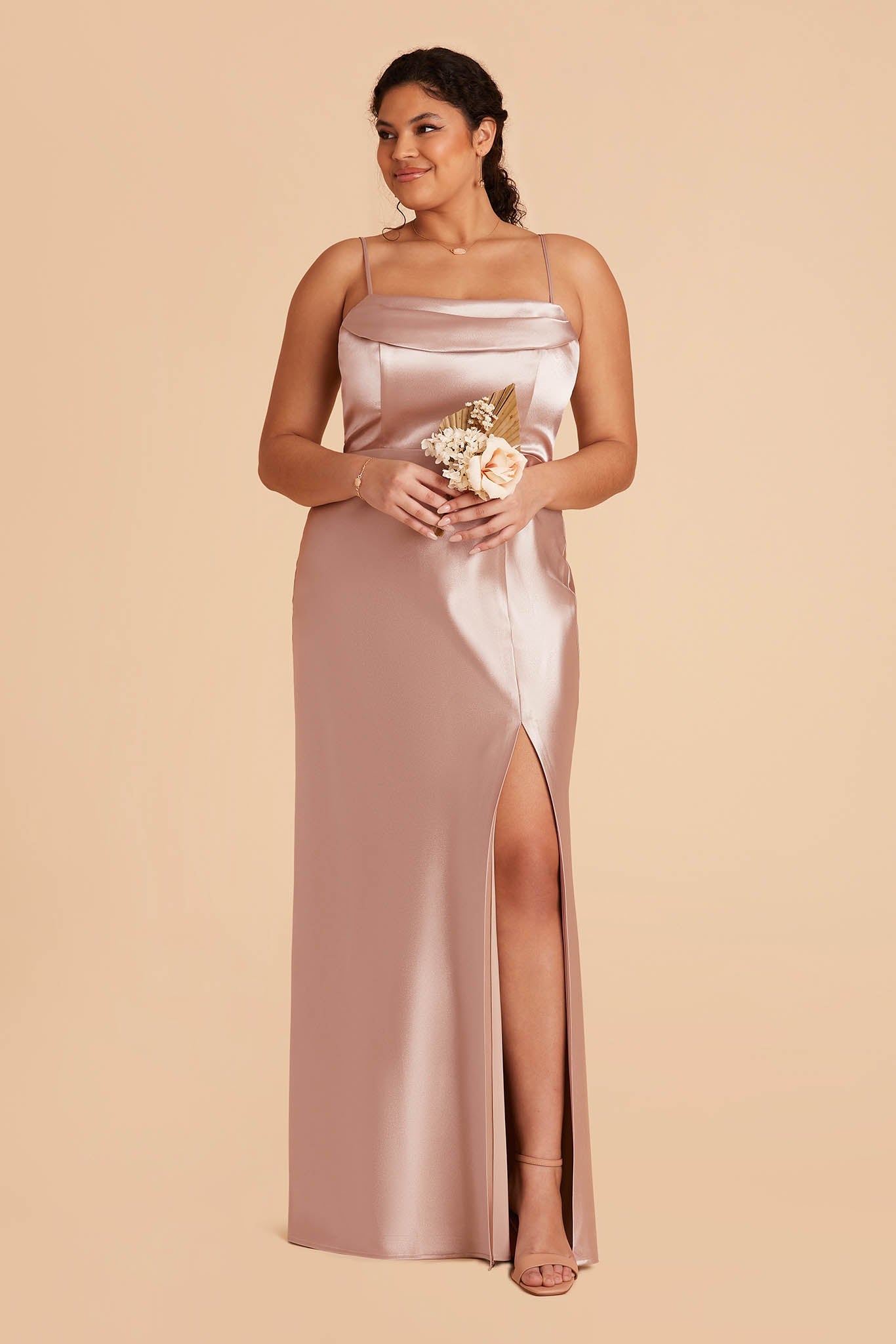 plus size taupe satin bridesmaid dress with pleated cowl neck