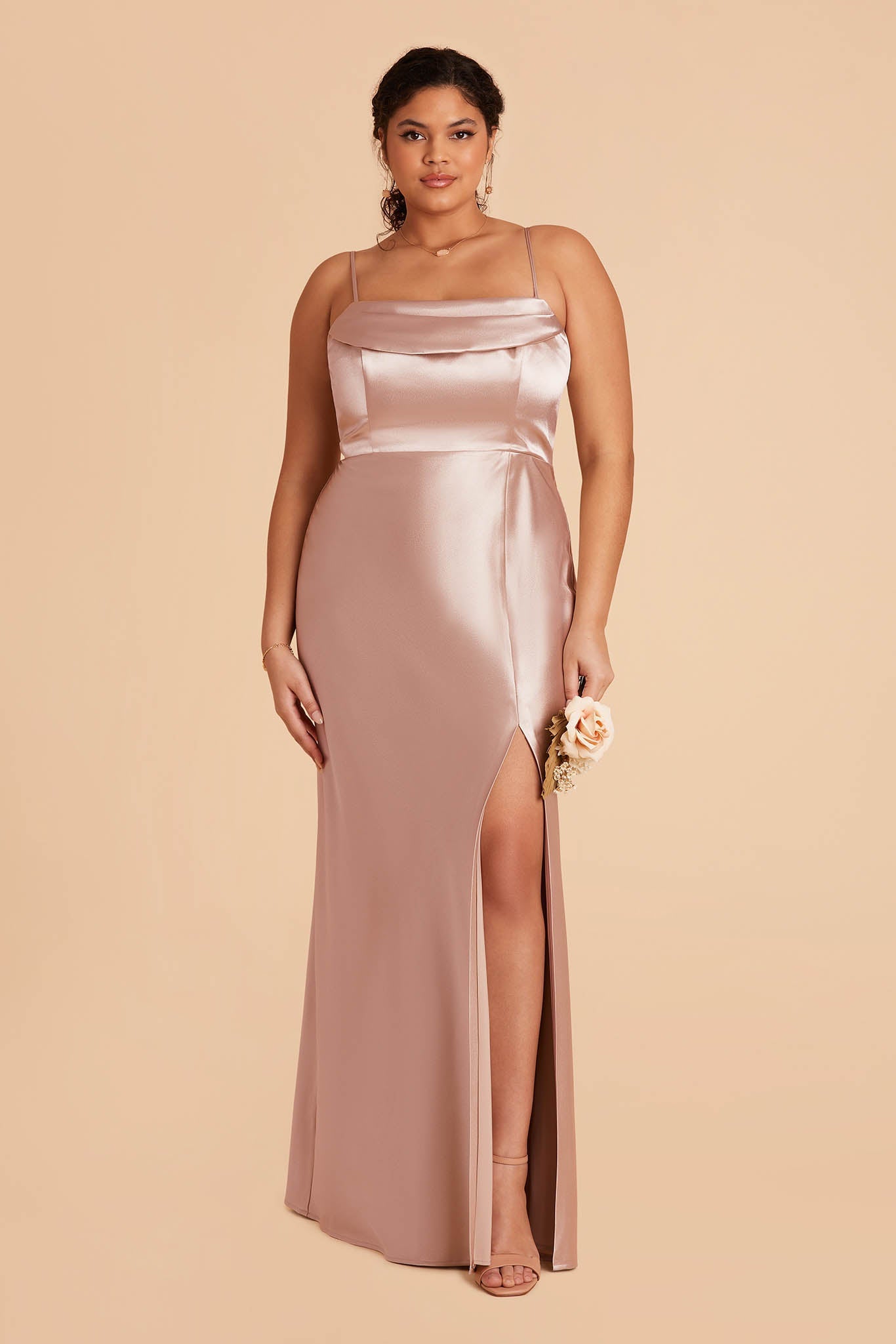 plus size taupe satin bridesmaid dress with pleated cowl neck